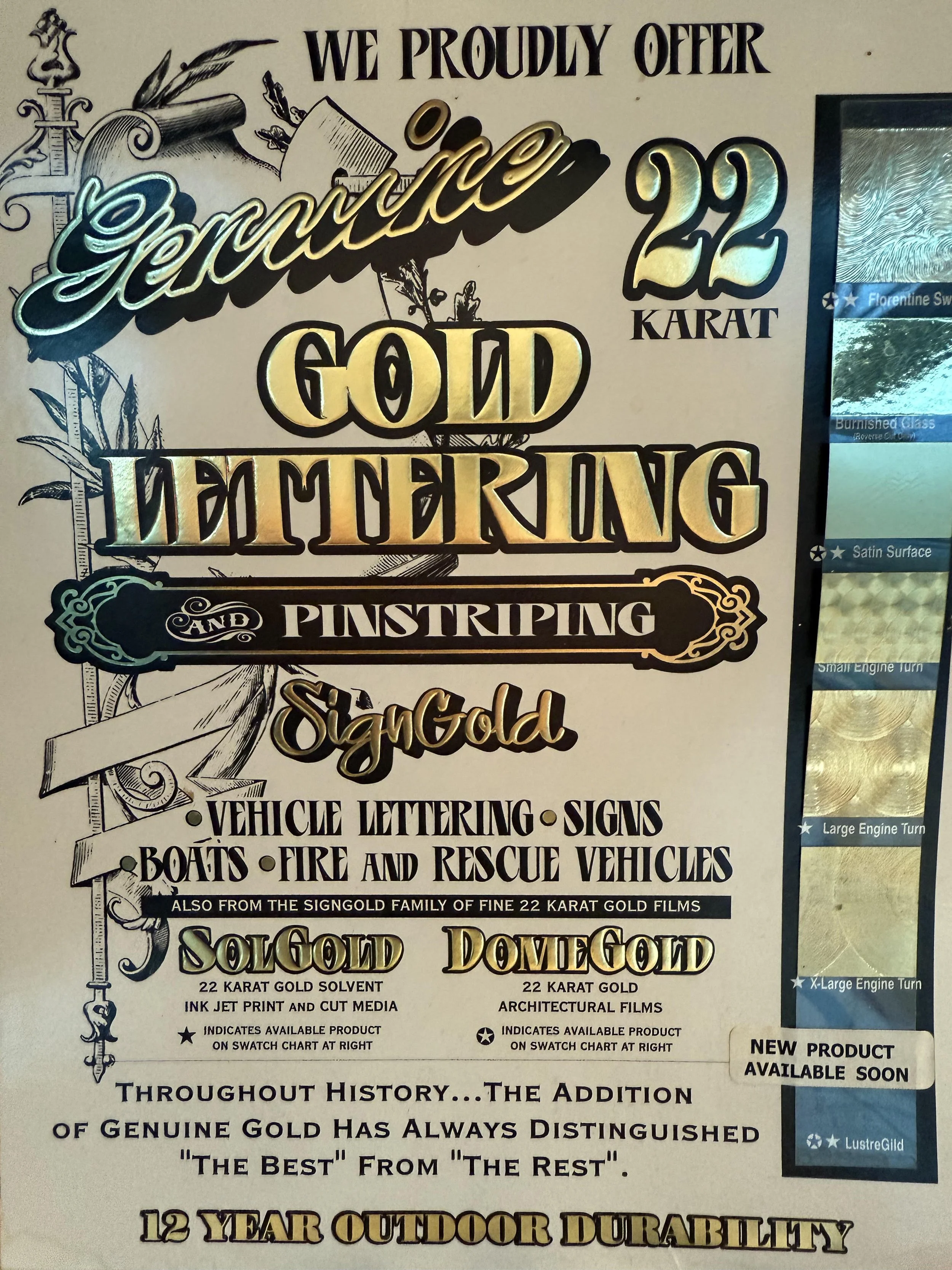 Sign advertisement for products like SolGold and DomeGold 22 karat gold films, emphasizing long-lasting outdoor durability.