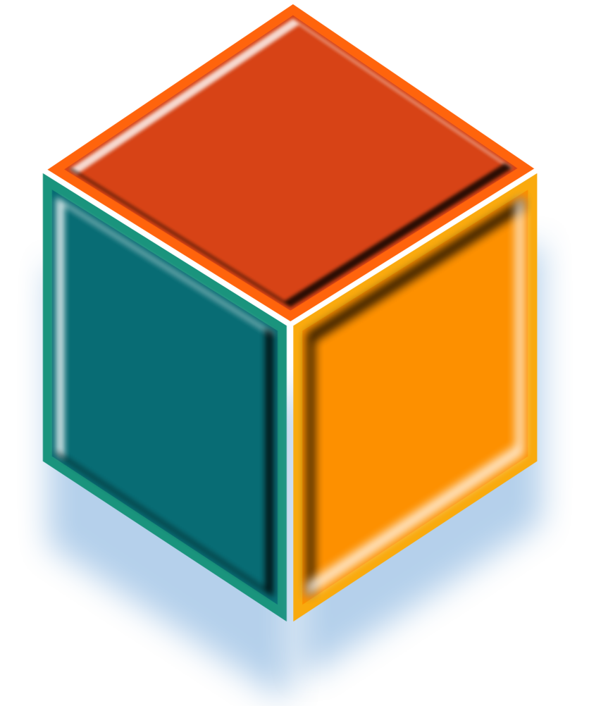 Colorful 3D cube with orange, teal, and red faces, tilted to show three sides with a shadow underneath.