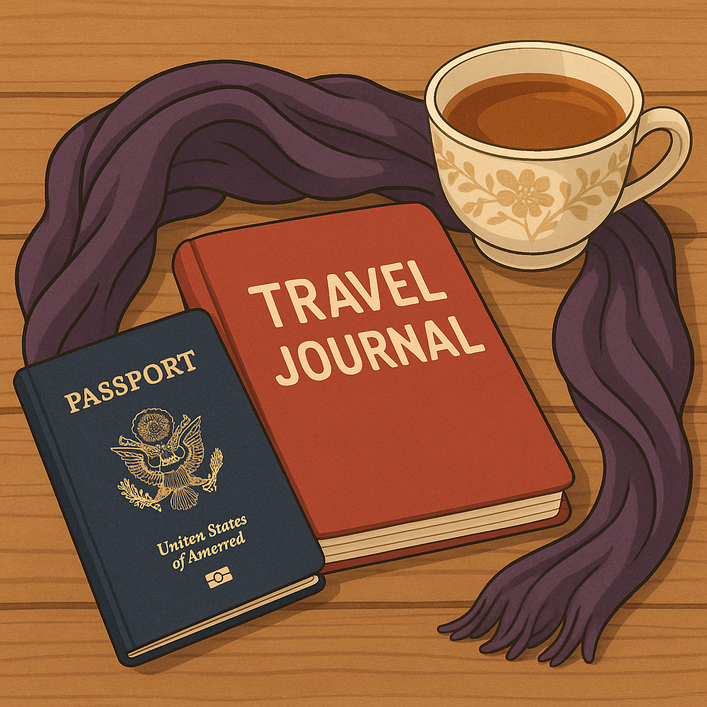A travel scene with a passport, a travel journal, a cup of tea, and a purple scarf on a wooden table.