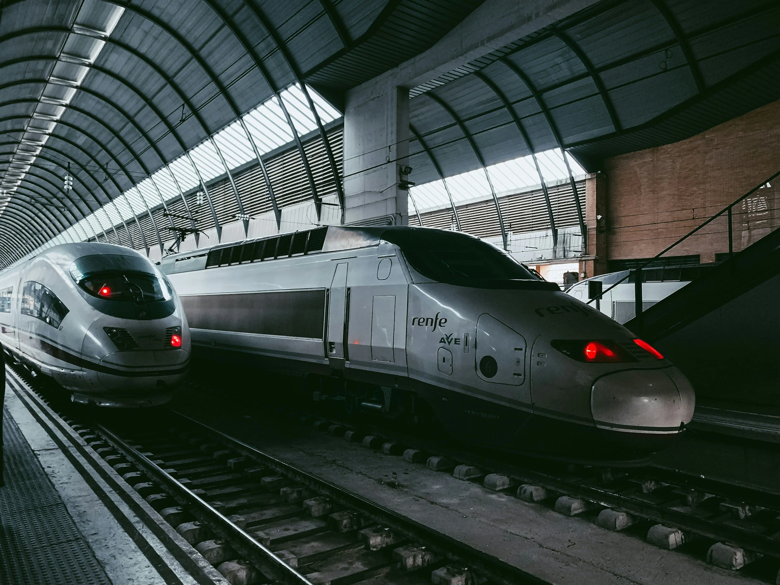 Renfe high-speed trains at a station in Spain