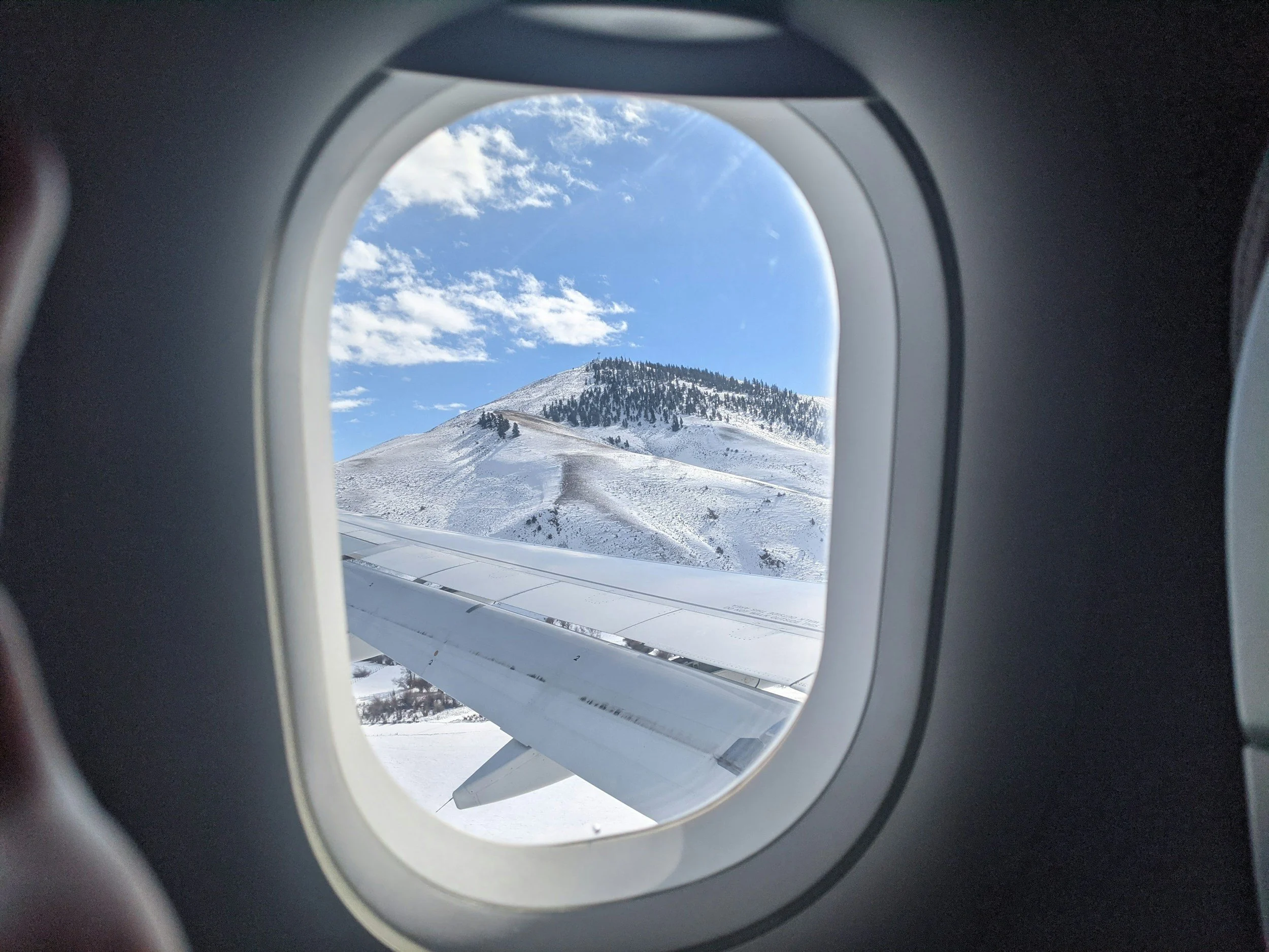 Airplane wing over snowy mountains