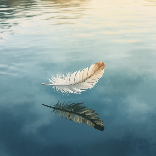A white feather floating on calm water, creating a reflection.