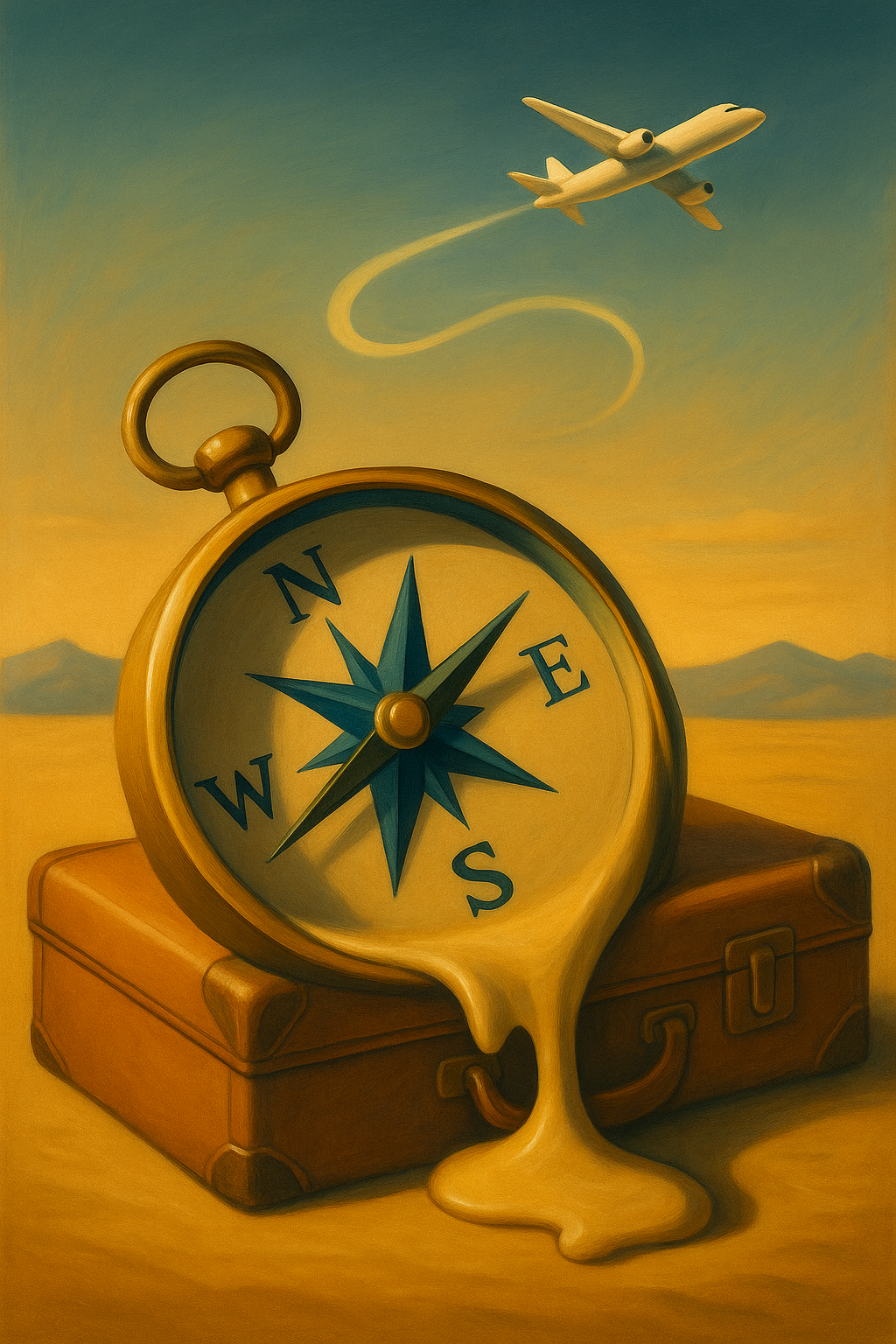Surreal painting of a melting pocket watch with a compass face, placed on a brown case, in a landscape with mountains and a sky, with an airplane flying above leaving a contrail.