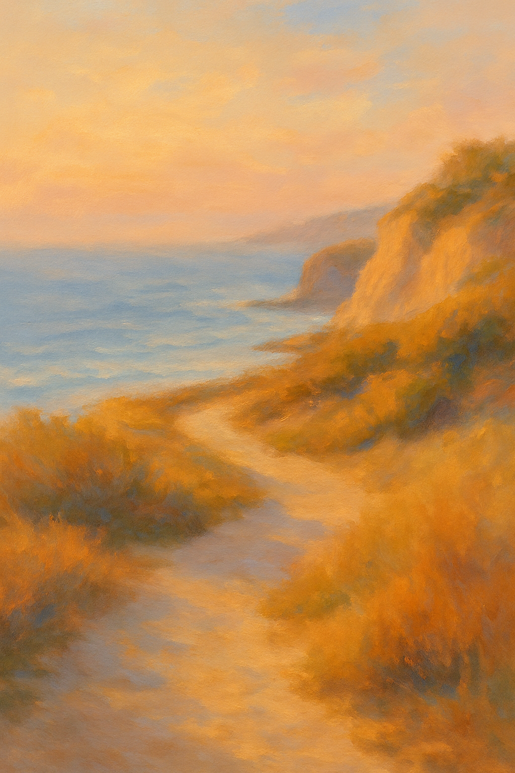 A painting of a sunset over a beach, with cliffs on the right side and water reflecting the orange and pink sky.