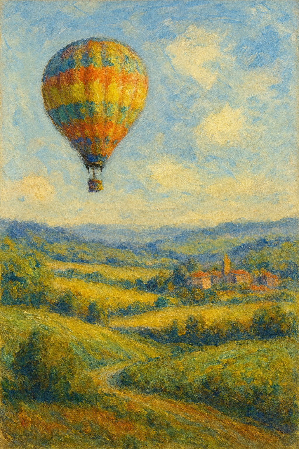 Painting of a hot air balloon floating over a lush countryside landscape with a small village and winding dirt path, under a partly cloudy sky.