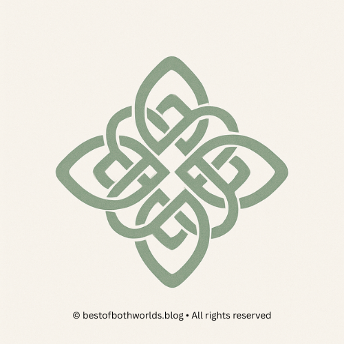 A green Celtic knot design on a white background.