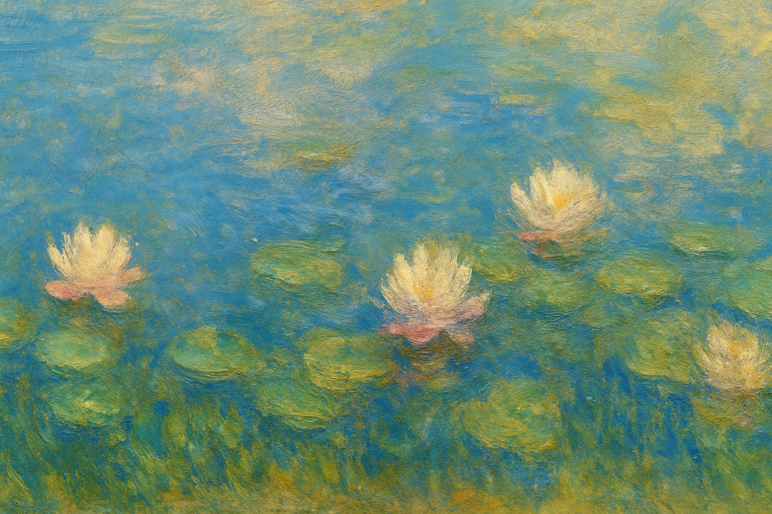 Impressionist style painting of a water lily pond with pink and yellow water lilies and green lily pads on blue water.