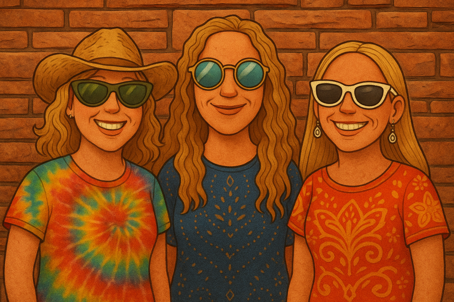 Illustration of three smiling women wearing sunglasses, standing against a brick wall. The woman on the left has curly hair, a tie-dye shirt, and a wide-brimmed hat. The middle woman has curly hair, a blue dress with decorative patterns, and round sunglasses. The woman on the right has straight hair, earrings, white sunglasses, and an orange shirt with a floral pattern.