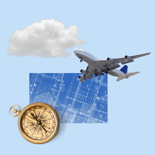 An airplane flying above a blueprints and an old-fashioned pocket compass with a cloud in the sky.