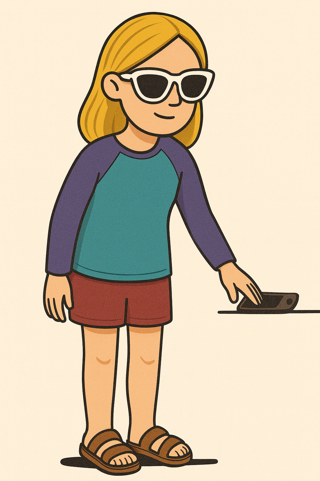 A cartoon girl with blonde hair, sunglasses, a teal and purple long-sleeve shirt, red shorts, and sandals is reaching for a black smartphone on a table.