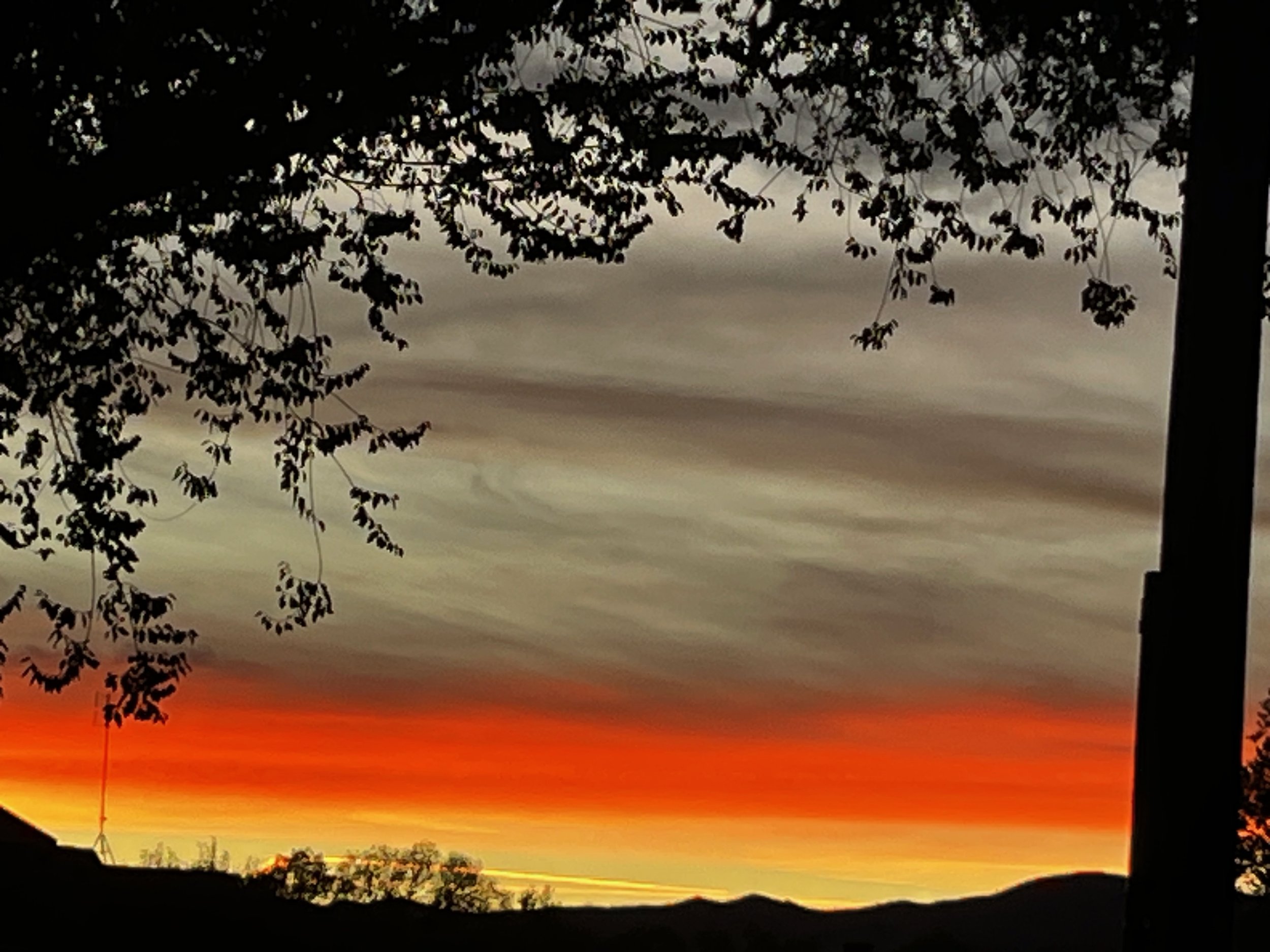Sunset with vibrant orange and yellow colors near the horizon, with dark silhouettes of trees and a mountain range against a cloudy sky.