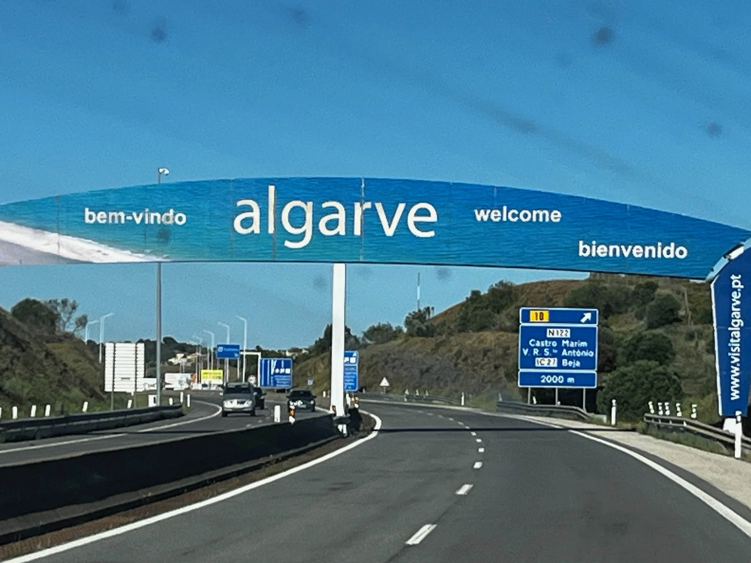 Highway crossing from Andalusia, Spain, into the Algarve region of Portugal