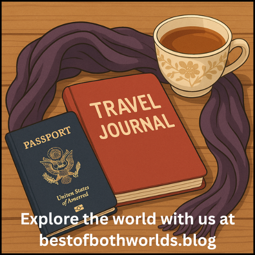 A travel-themed flat lay with a cup of tea, a passport, a travel journal, and a purple scarf on a wooden surface.