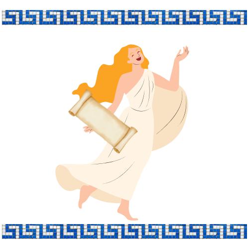 Illustration of a joyful woman in a flowing white dress, raising one hand and holding a scroll, with Greek-inspired blue border design at the top and bottom.