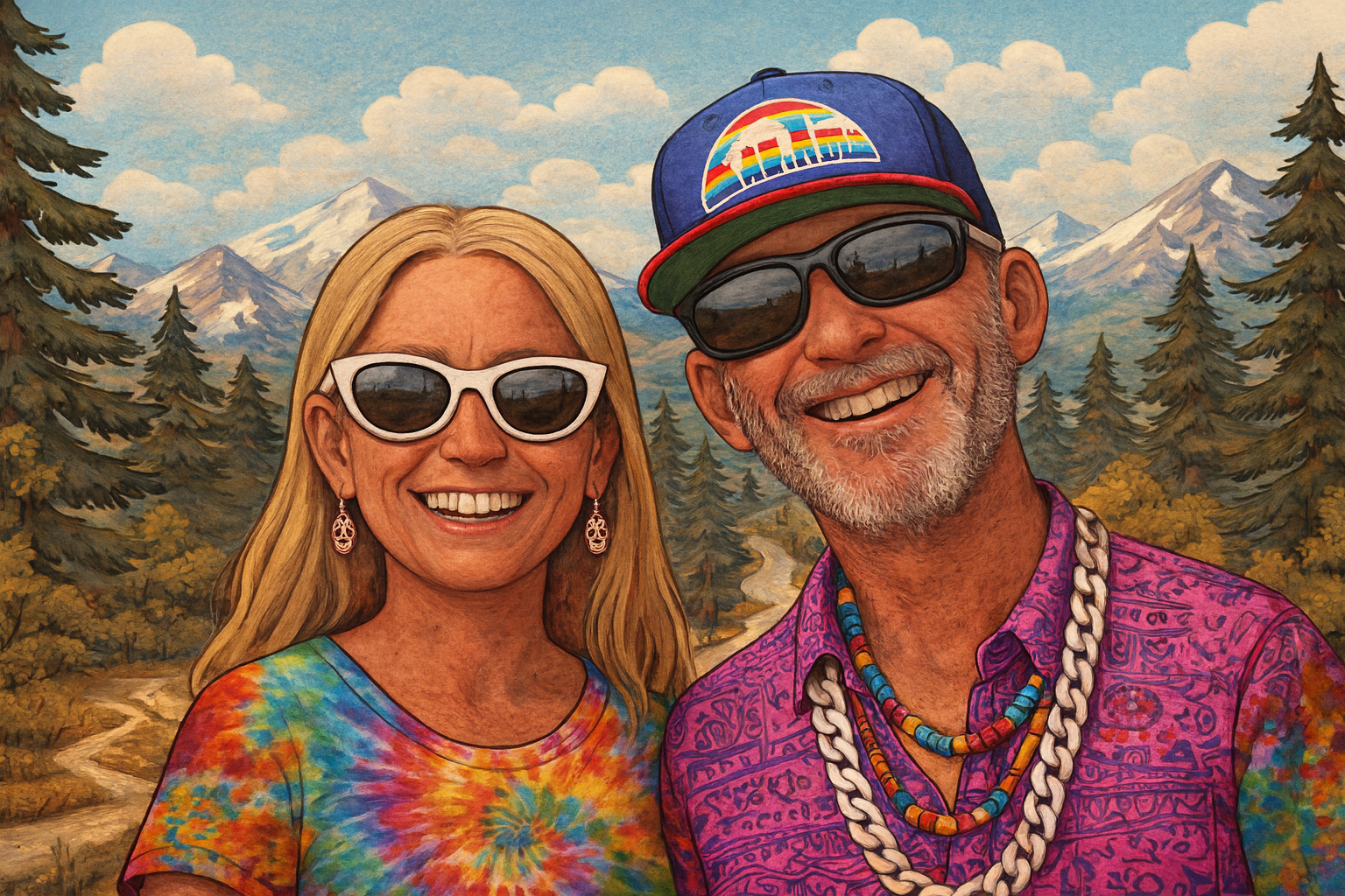 Colorful painting of a smiling man and woman with sunglasses, wearing vibrant, tie-dye and patterned shirts, standing in front of a mountainous landscape with trees and a cloudy sky.