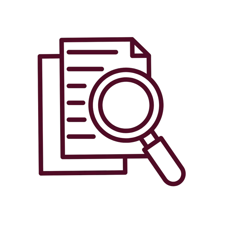 Outline of a document with a magnifying glass examining it, representing document search or analysis.