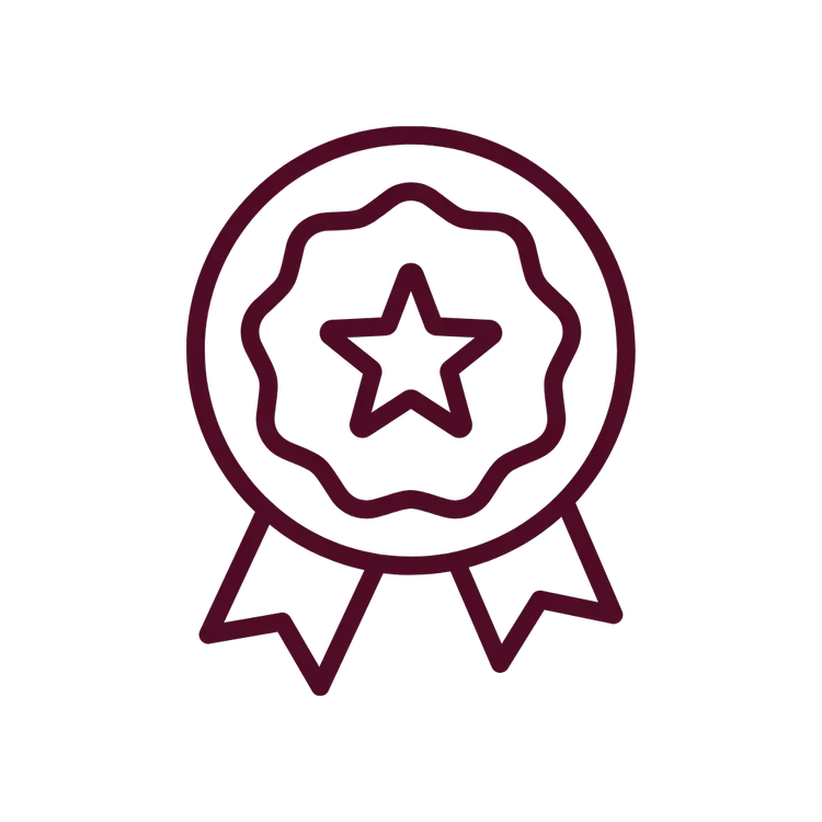 Line drawing of an award ribbon with a star in the center and two ribbons hanging below.