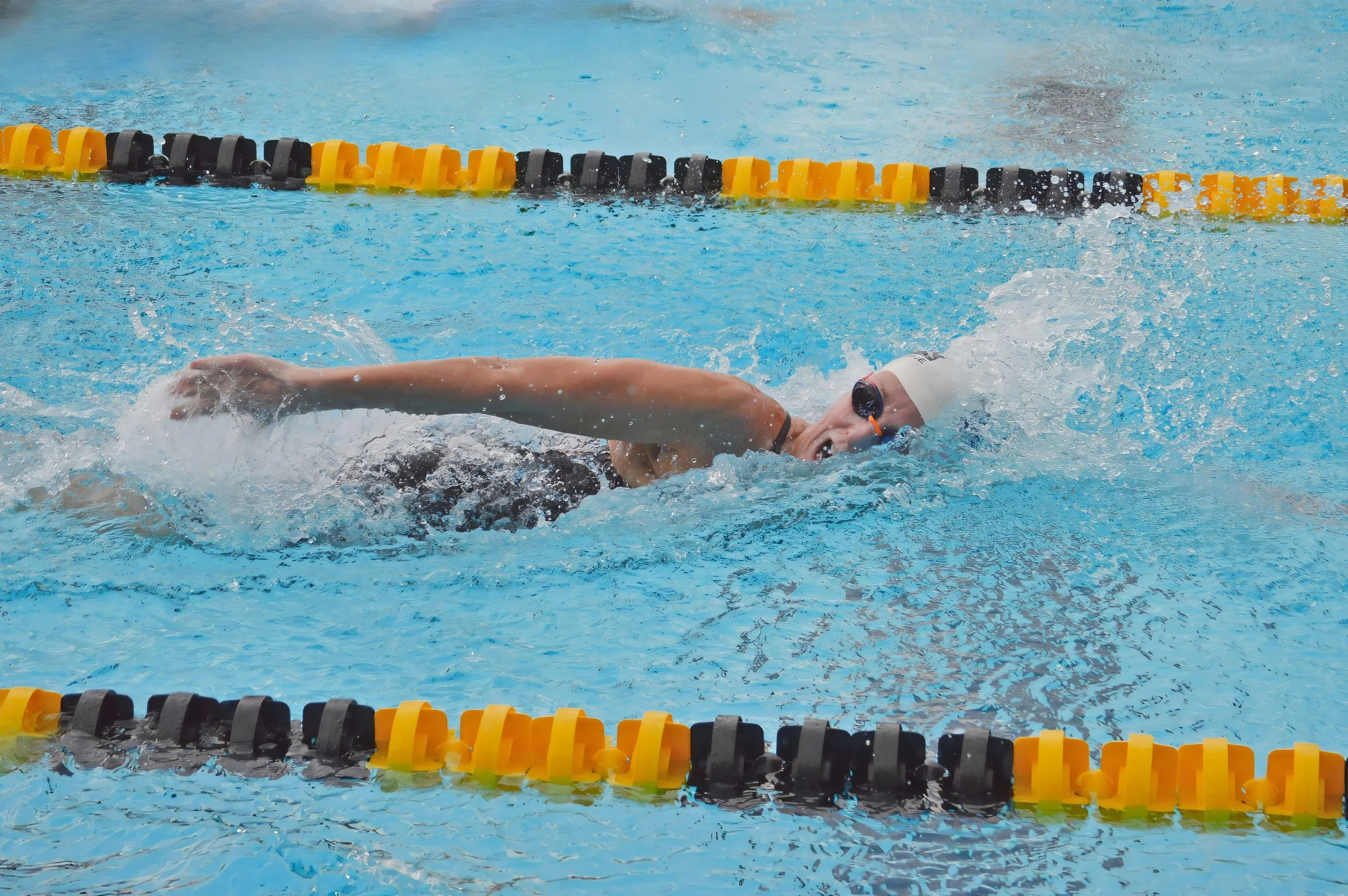 Swimmer performing the freestyle stroke in a swimming pool with lane dividers.