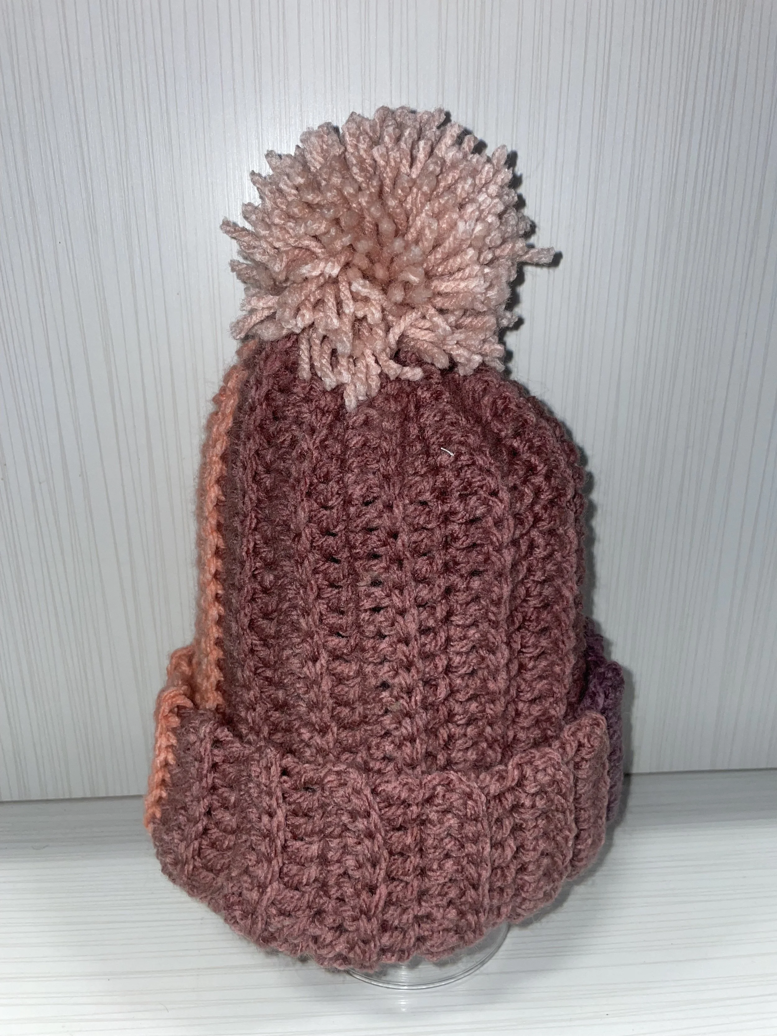 CROCHET PINK PATCHWORK POM-POM BEANIE