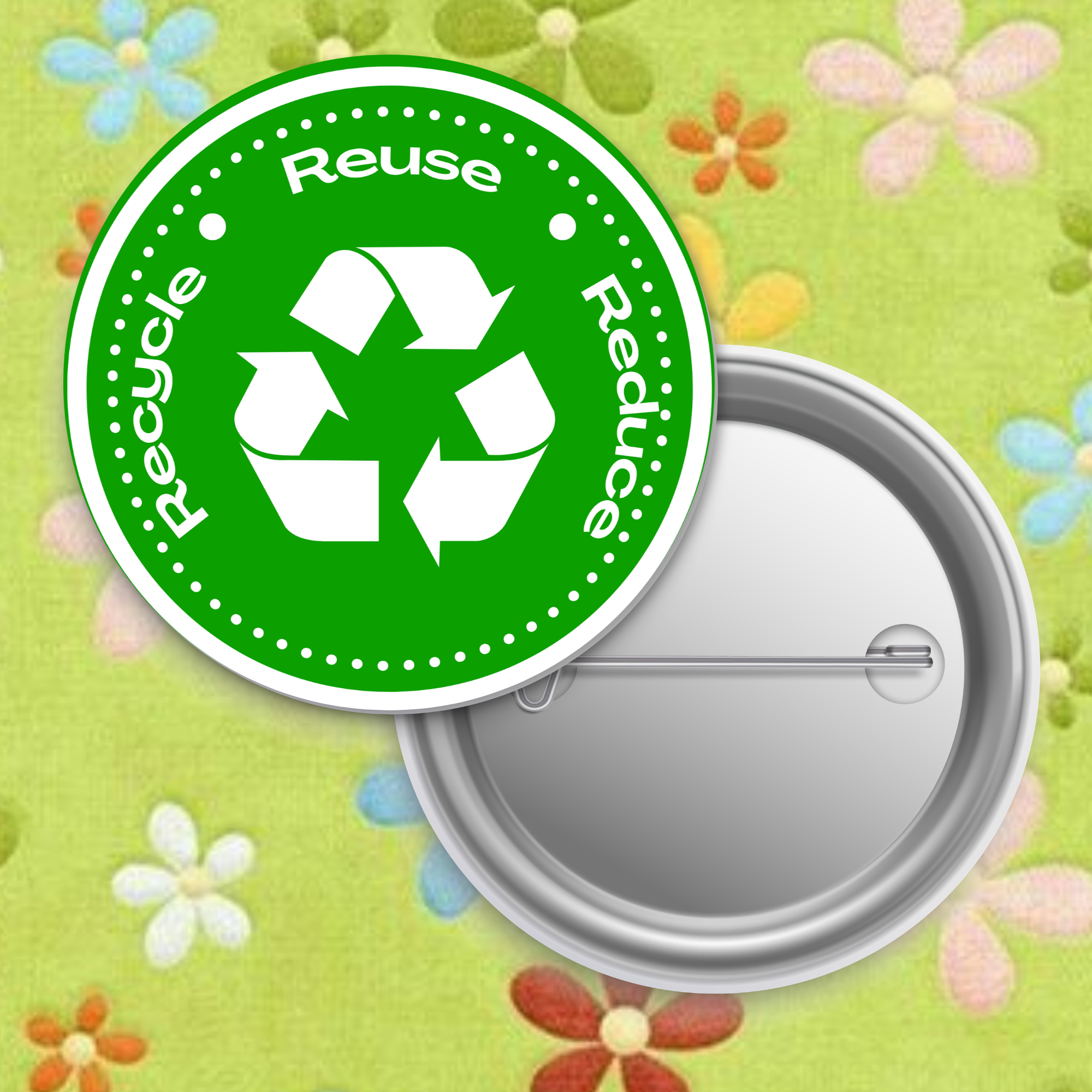 REDUCE, REUSE AND RECYCLE BUTTON PIN — STUDENT-MADE XAVIER