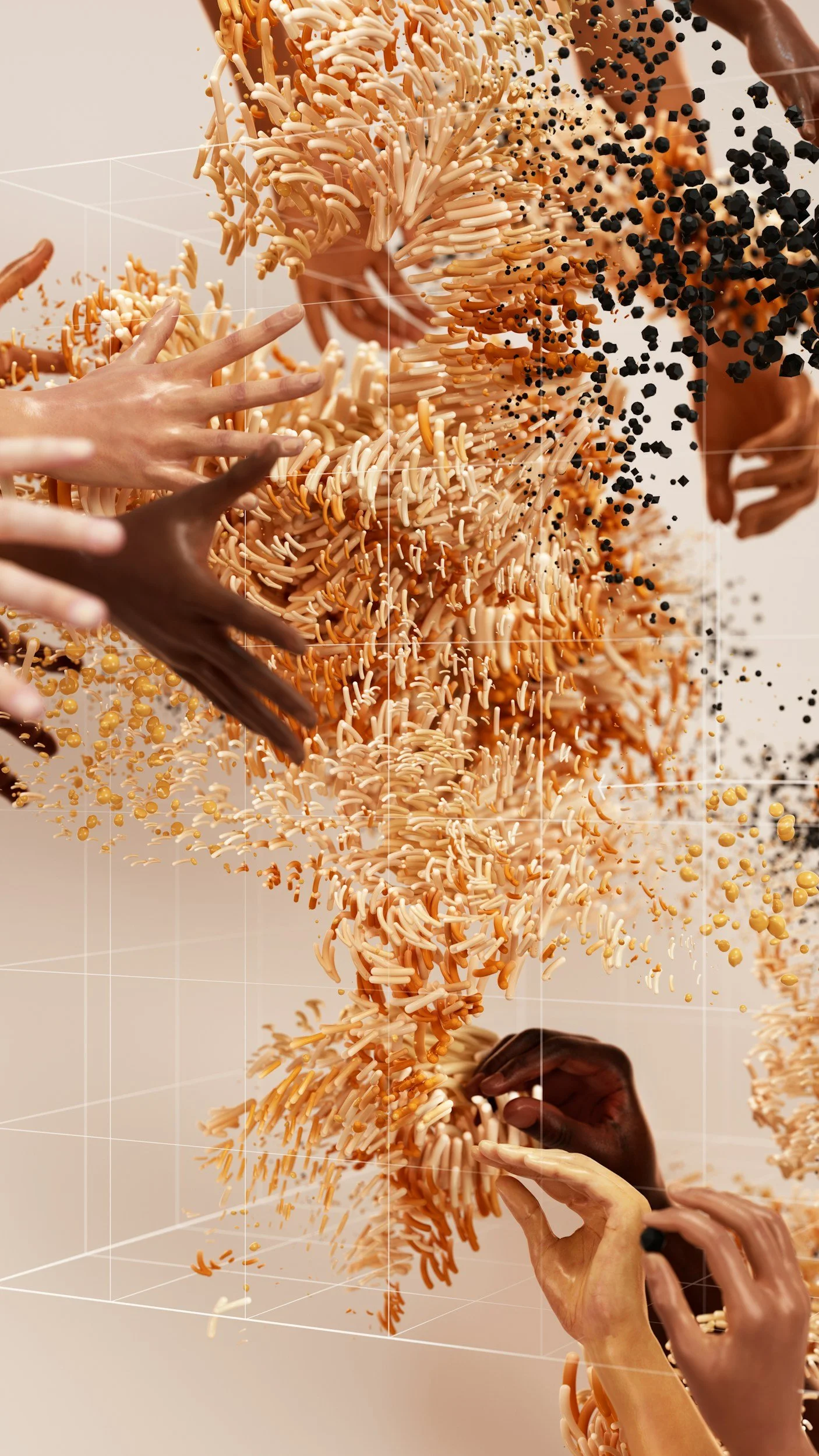 Multiple hands reaching towards a dynamic and abstract installation of swirling, elongated shapes and small black, orange, and beige spherical particles.