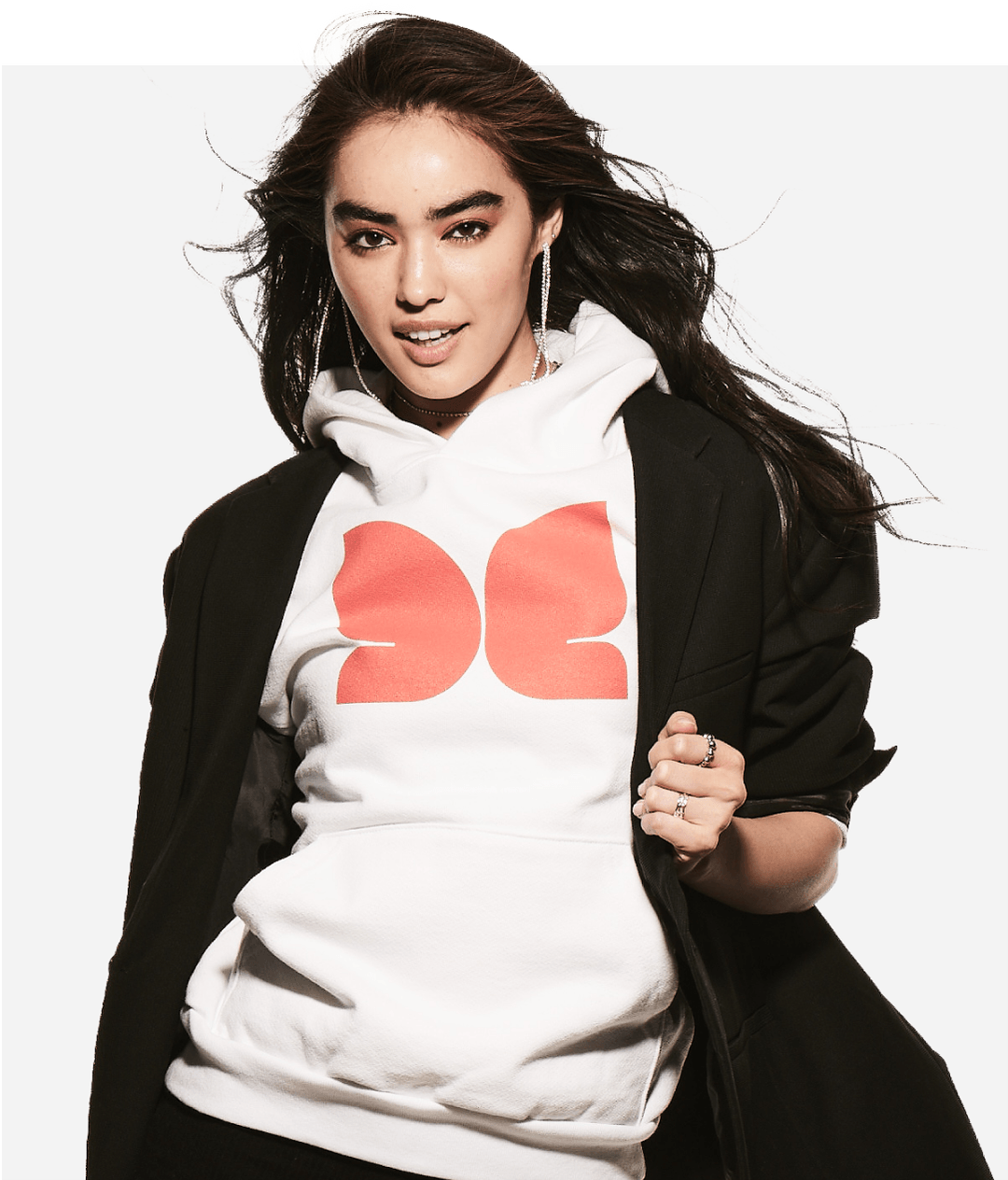 Woman wearing a sweater with the Evolus Rewards logo.