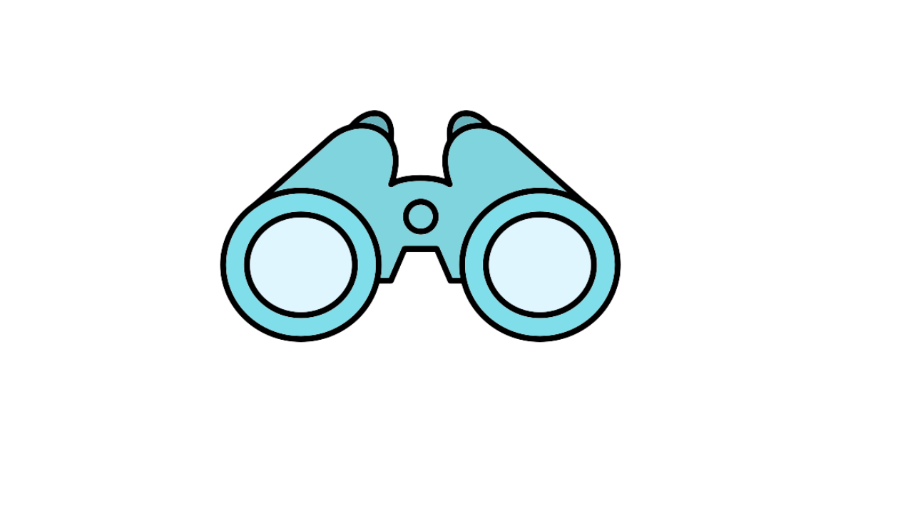 A cartoon illustration of binoculars in blue with black outlines.