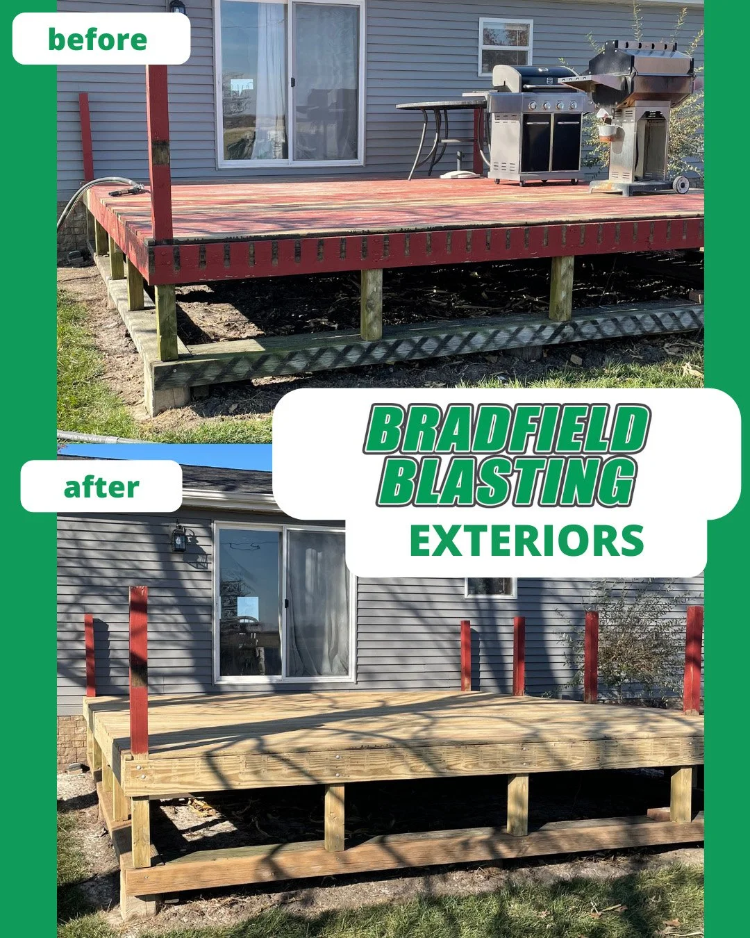 Comparison of a house deck before and after being refurbished with fresh wood. The 'before' image shows an old, painted deck with a gray house siding background, and the 'after' image shows a new, stained wooden deck with shadows from trees cast across it.