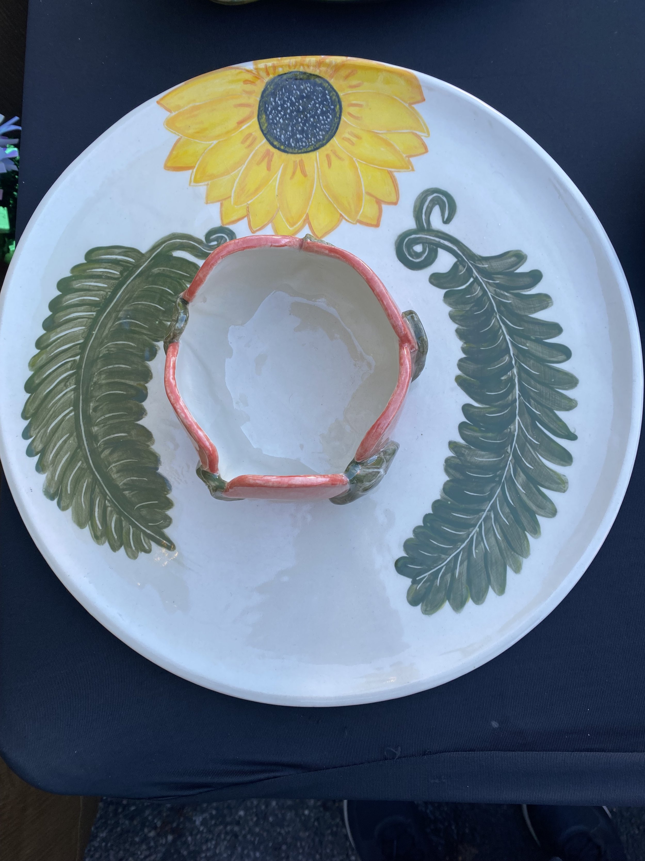 On display in museum-Large floral serving platter with deep dipping bowl 14 inches across