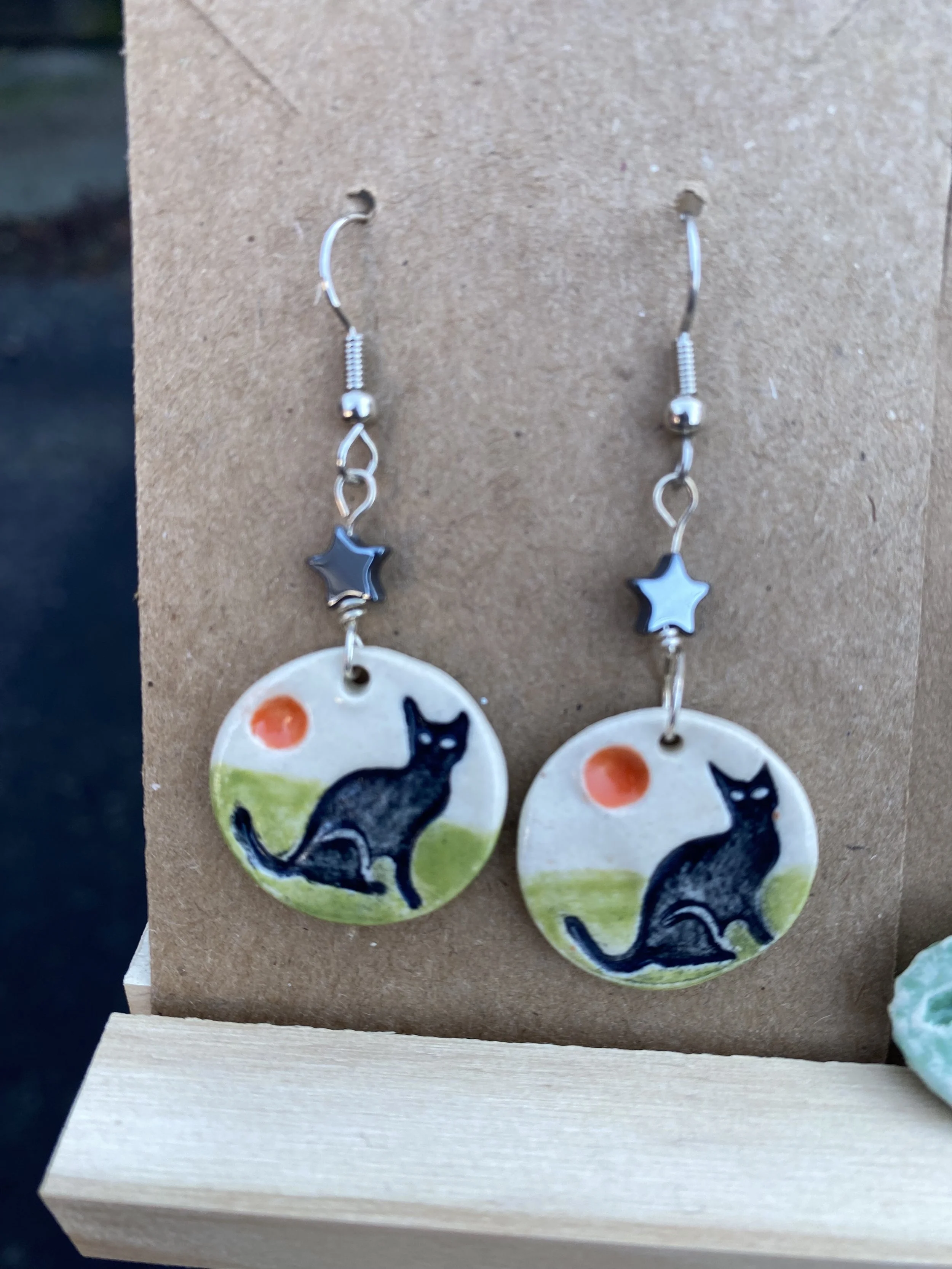 Black cat dangle earrings hypoallergenic