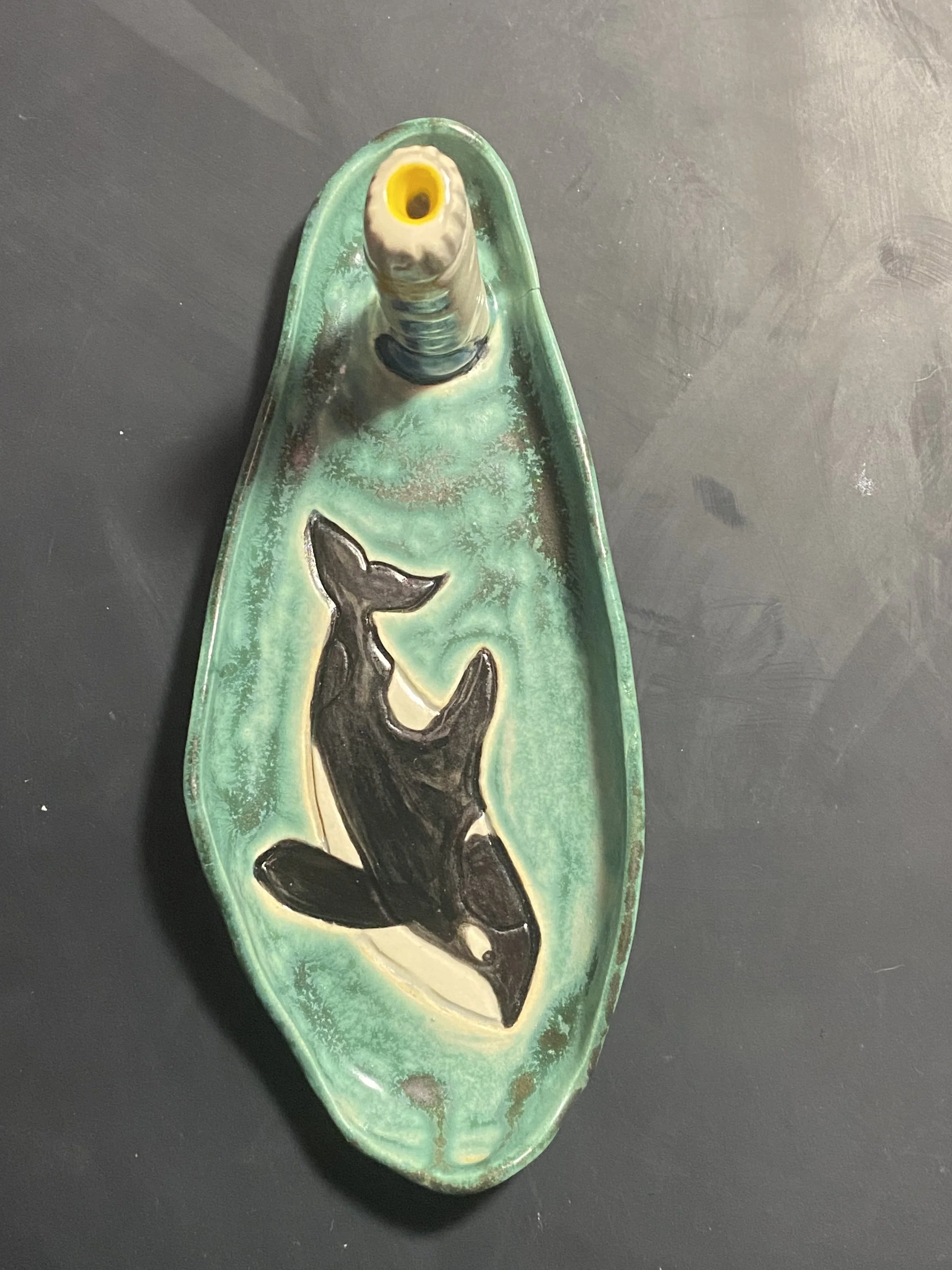 On display in museum- Small Ring holder trinket tray with orca and lighthouse