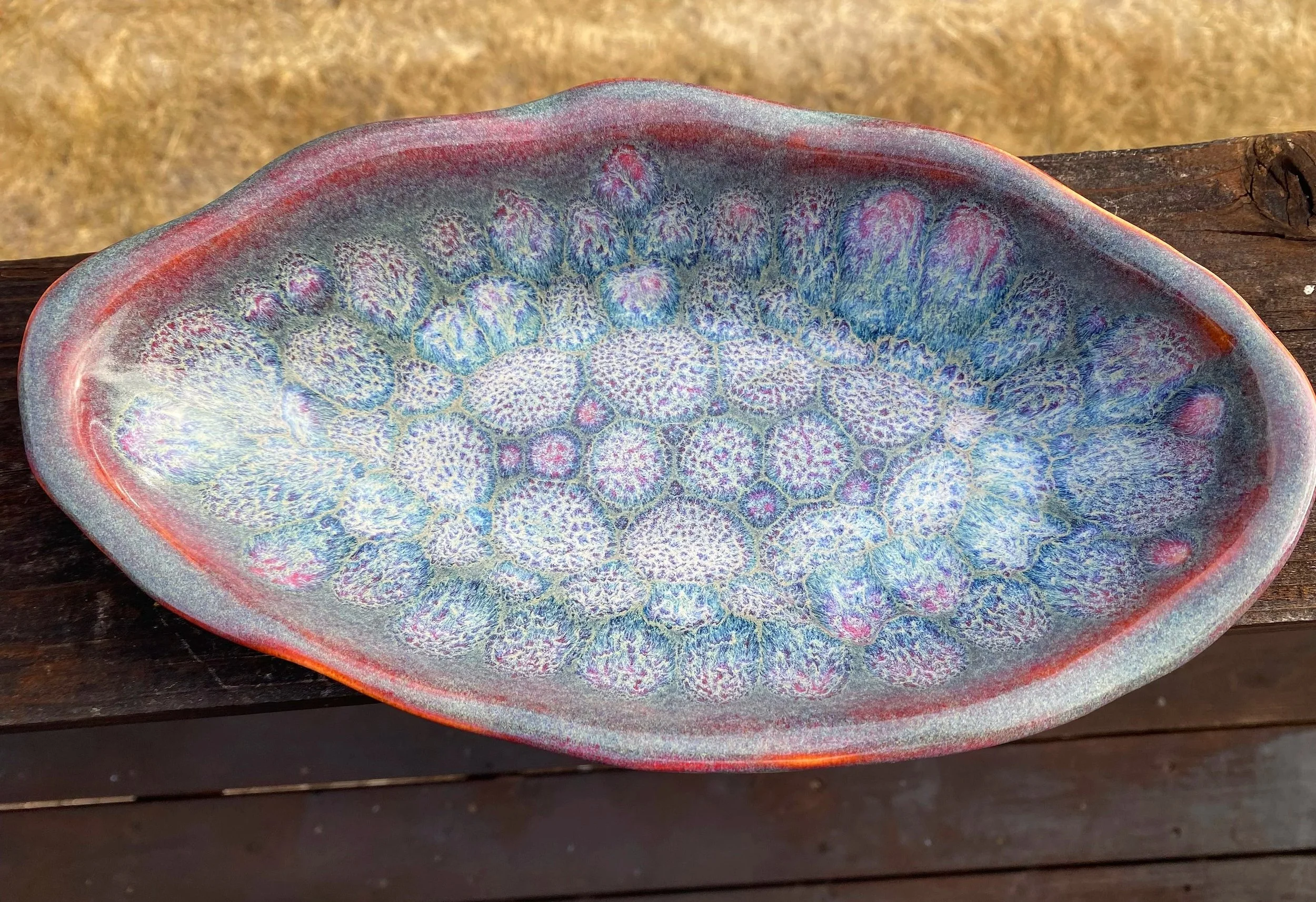 Dipping platter in tortoise shell glaze with floral pattern — Ceramic ...
