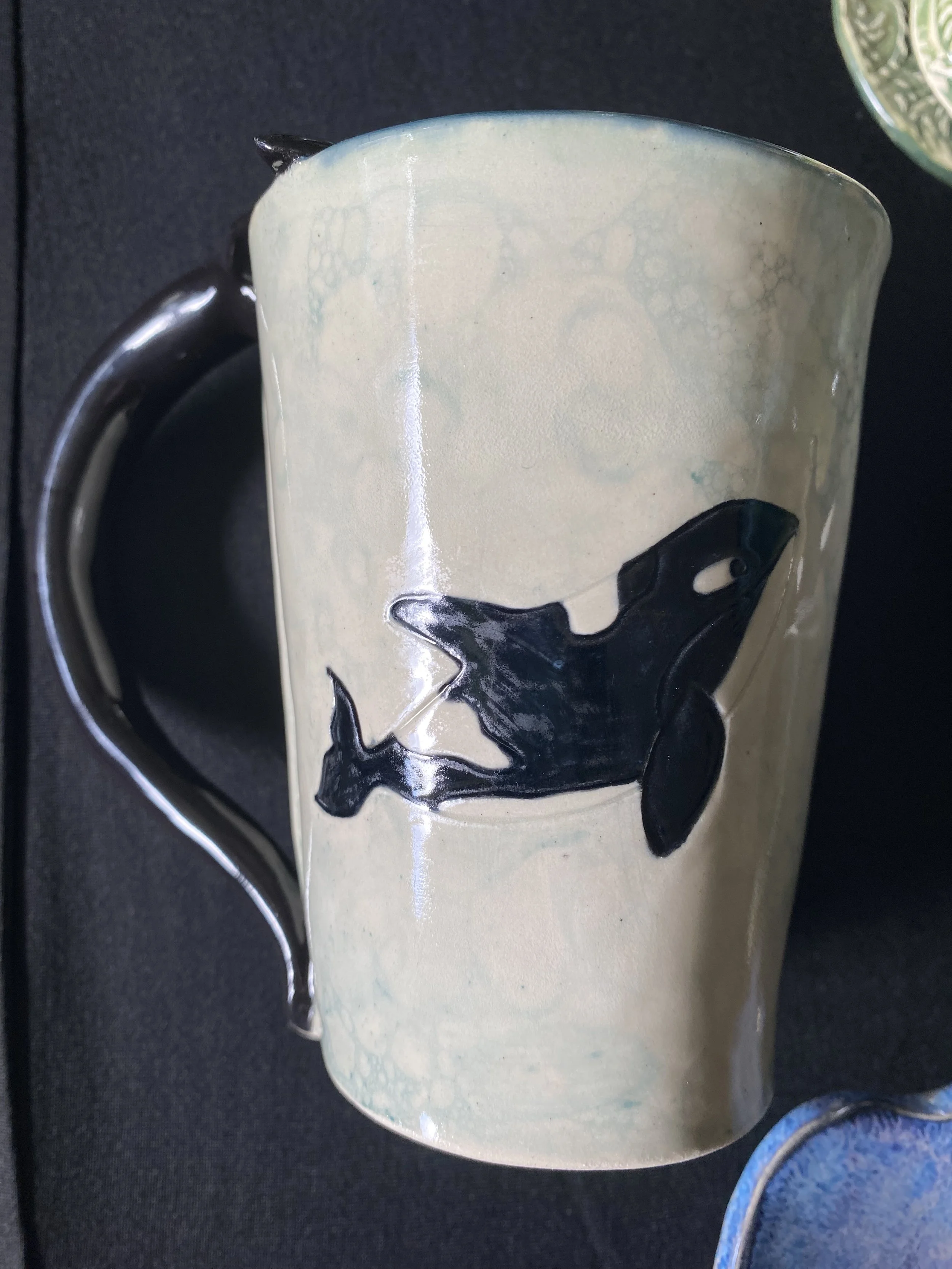 Sold-Large mug orca with bubbles background whale fluke handle