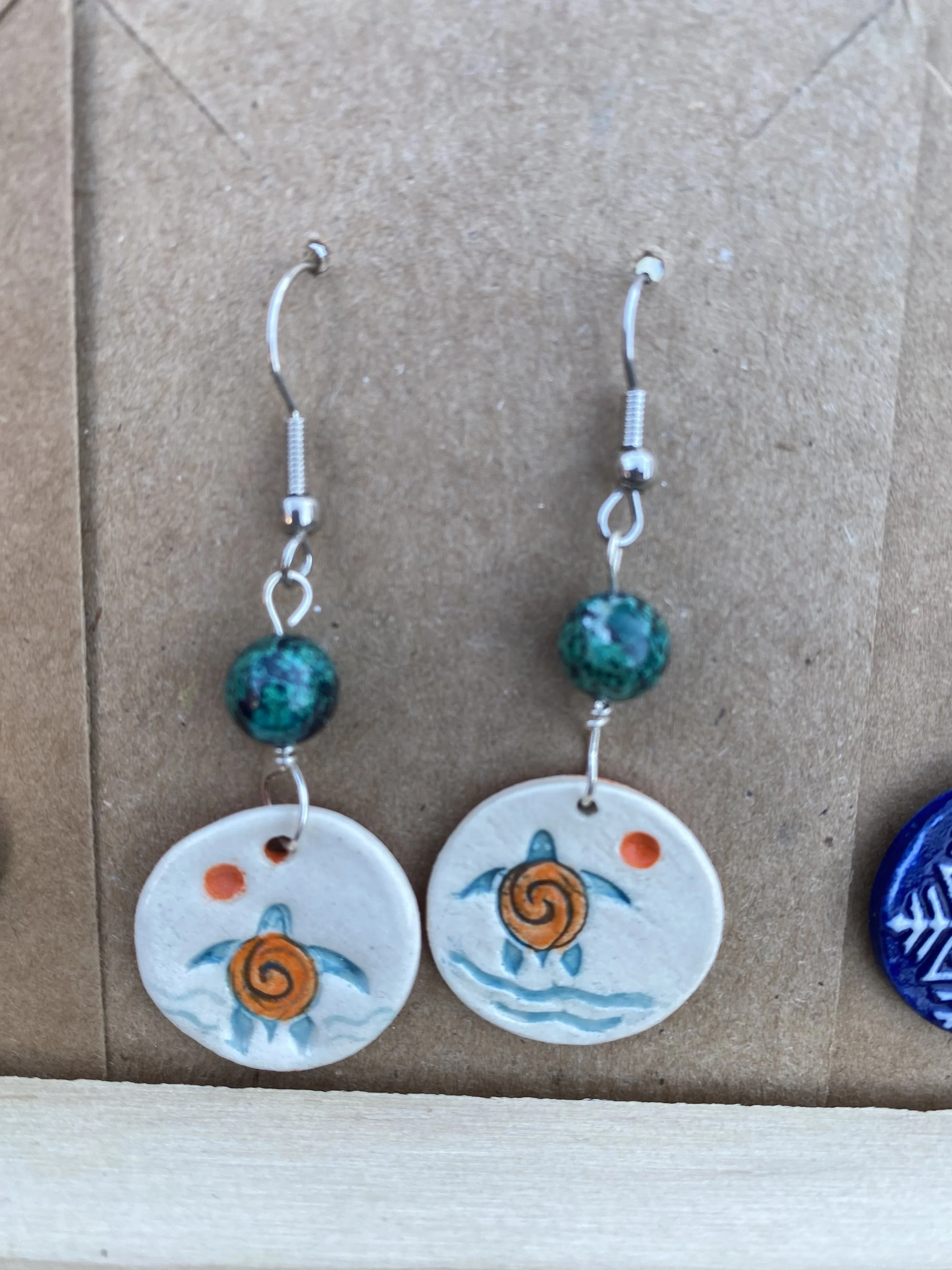 Orange and turquoise ceramic handmade turtle dangle earrings