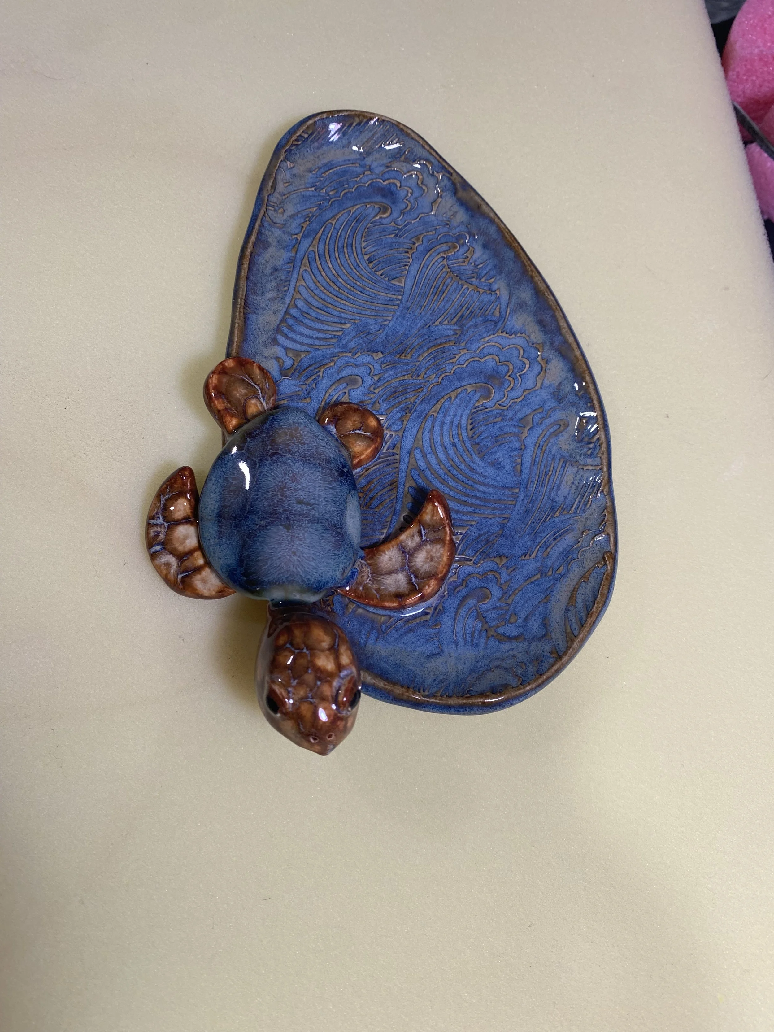 Sold out-Sea turtle trinket/ jewelry tray with blue wave texture