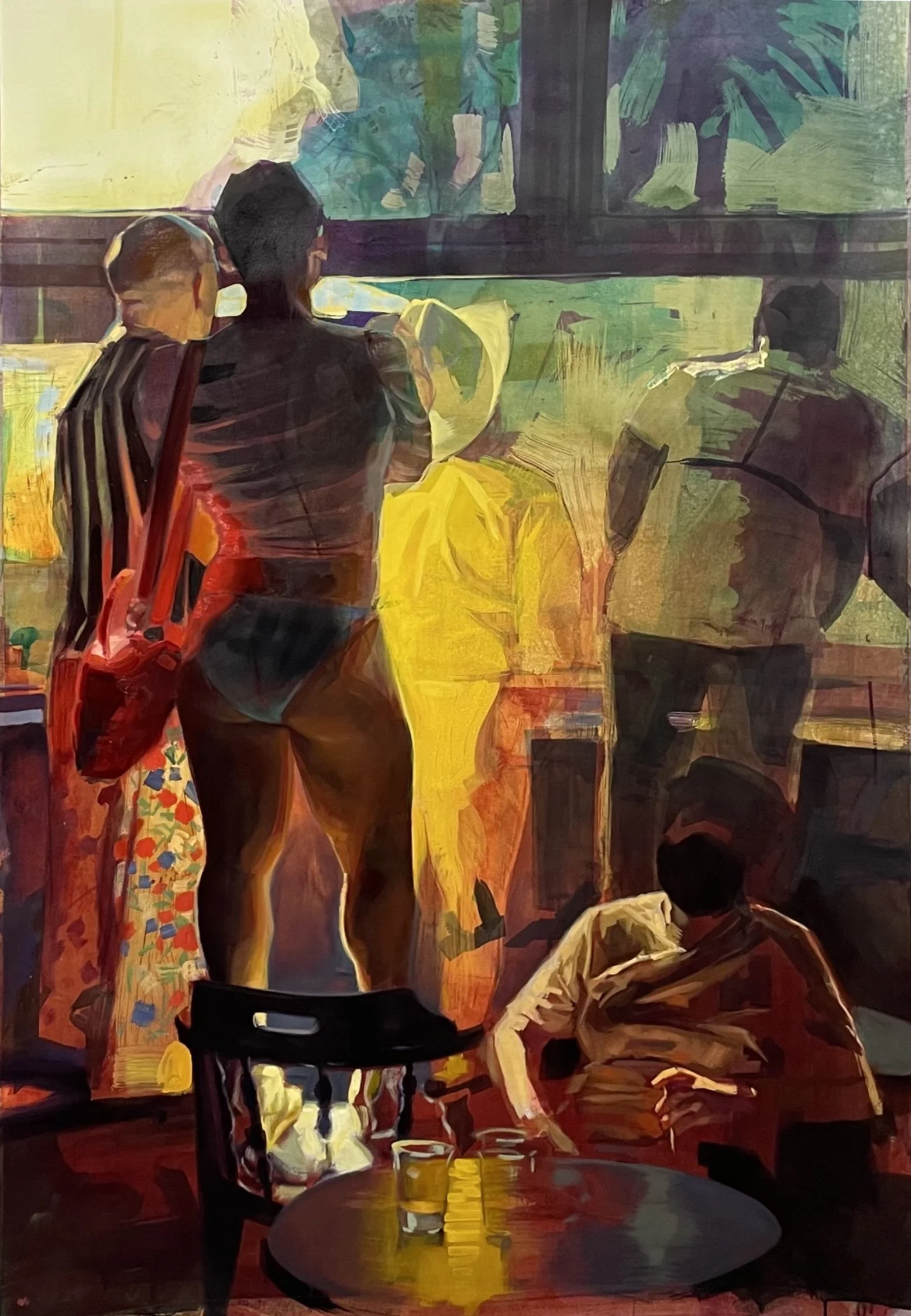 An abstract painting of four people in a bar or cafe setting. One person in a yellow dress stands at the counter, while three others are around the room, with one seated at a table. There are glasses and a chair in the foreground, and the scene is rendered in warm and vibrant colors with a painterly style.