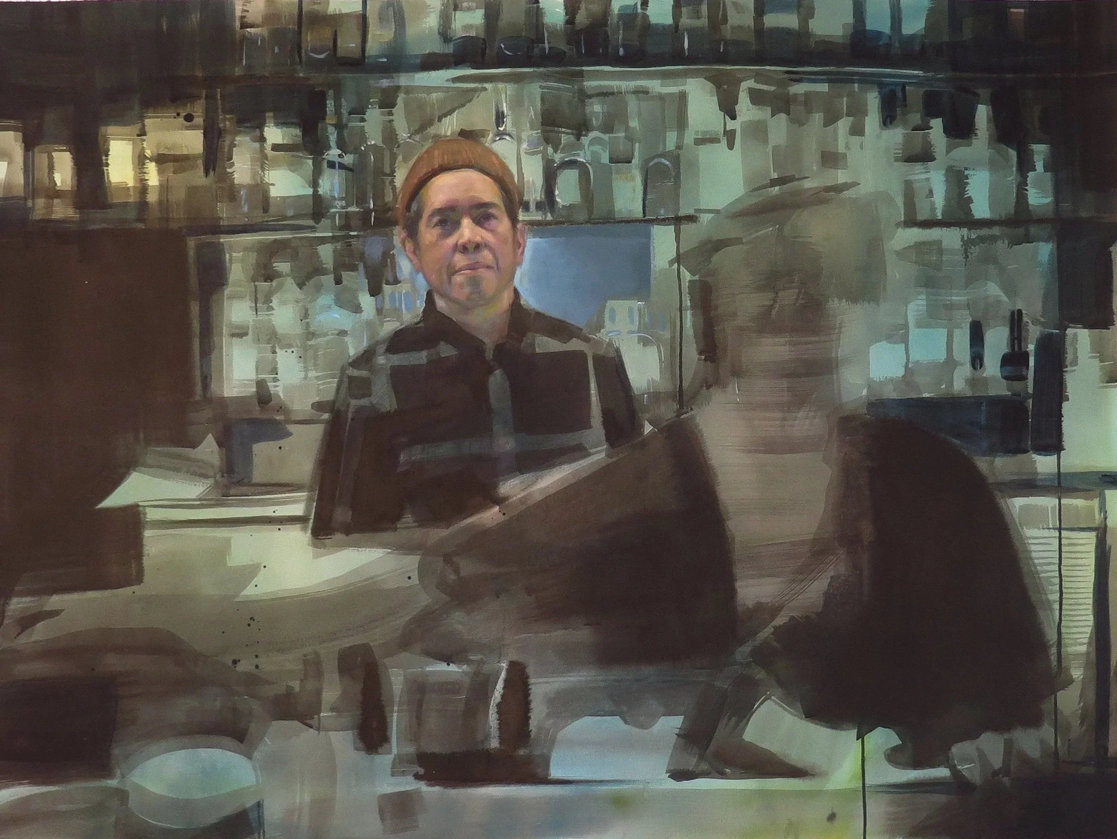 A person in a black jacket with a checkered pattern, wearing a brown beanie, standing in a room with shelves of bottles and glasses, and a side profile of another person with blonde hair.