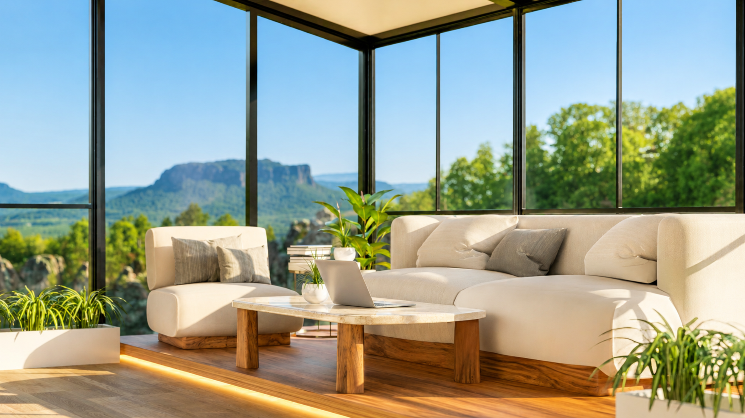 Bright modern living room with floor-to-ceiling windows framing scenic mountain views, capturing the indoor-outdoor lifestyle celebrated in Where Everyday Living Meets Open Sky: Life in Sandy.