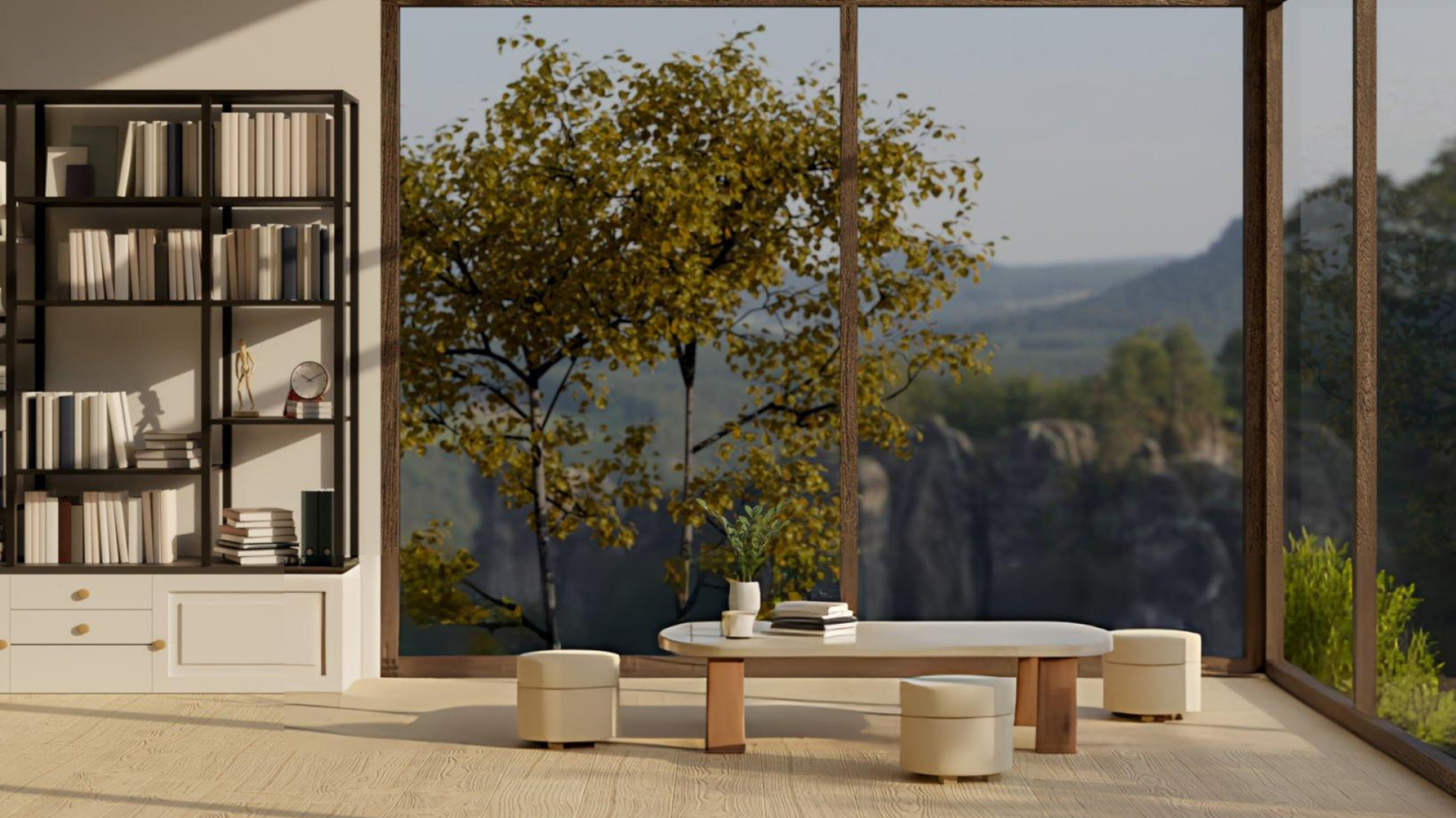 Bright modern living room with floor-to-ceiling windows overlooking scenic canyon views, showcasing the peaceful lifestyle and natural beauty that make Millcreek, Utah, a desirable place to live.