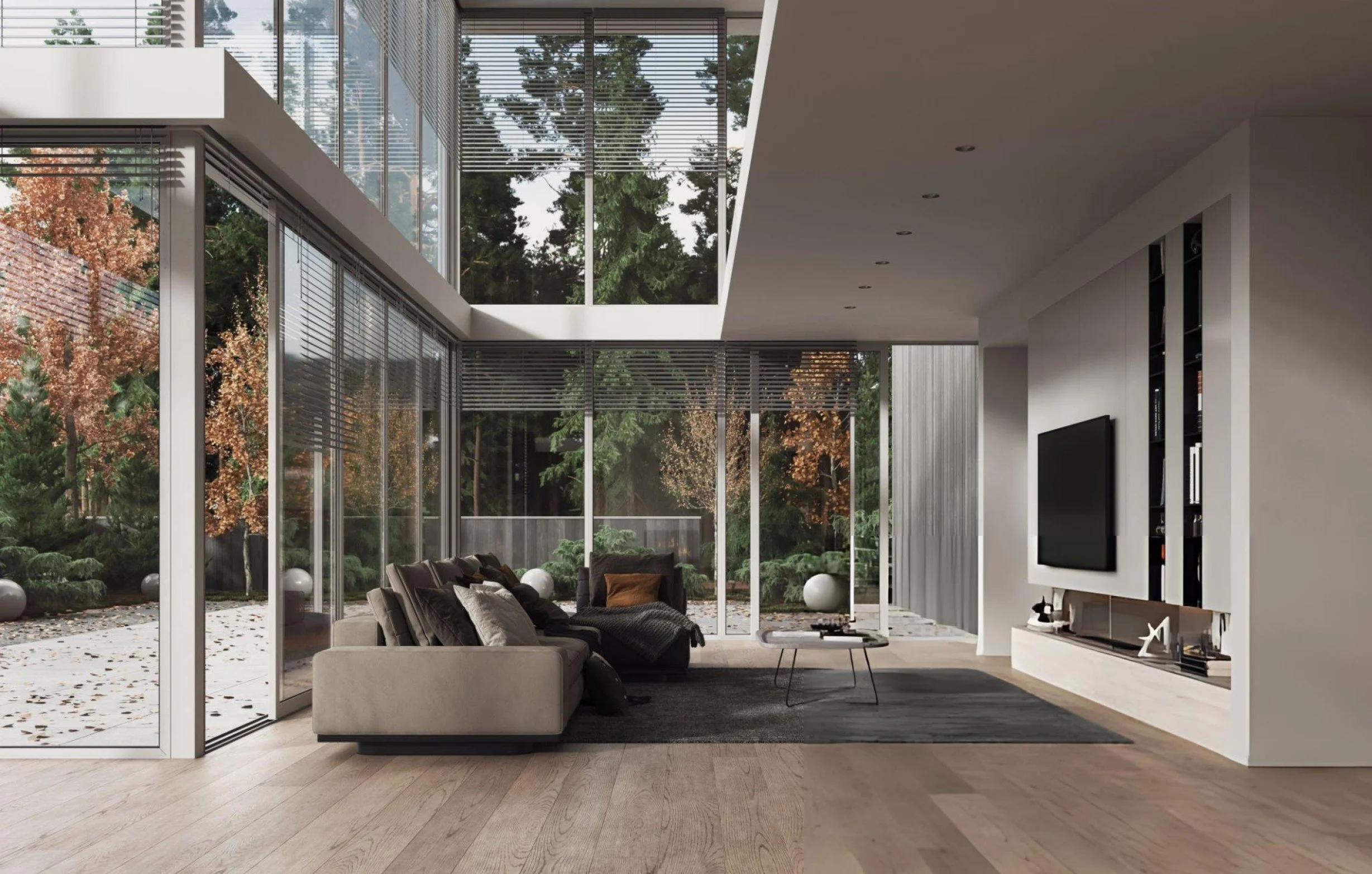 Modern luxury living room with floor-to-ceiling windows, minimalist furniture, natural wood flooring, and forest views creating a bright, open indoor-outdoor living space.