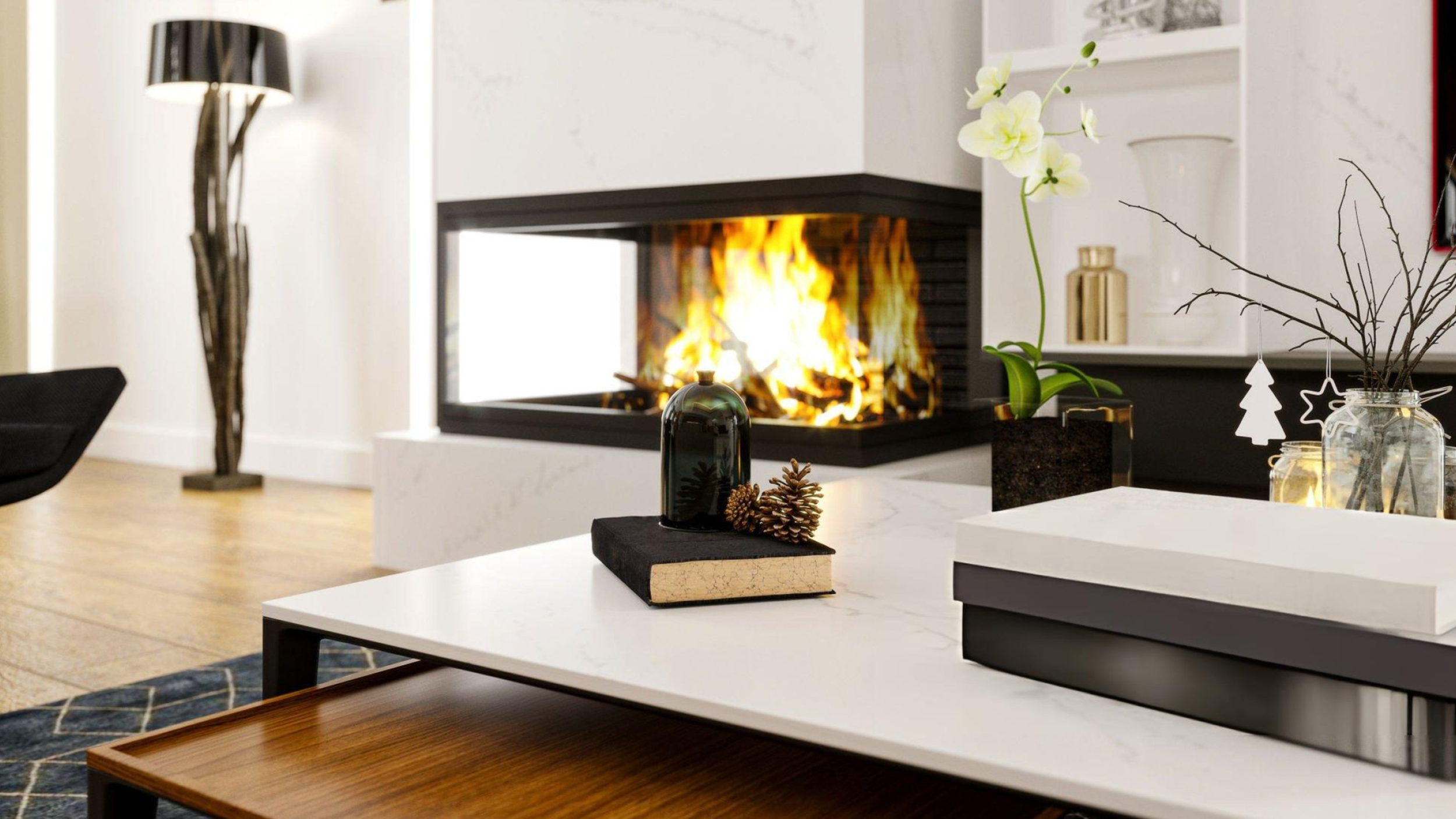 Modern living room with fireplace in a Cottonwood Heights home near the Wasatch Range