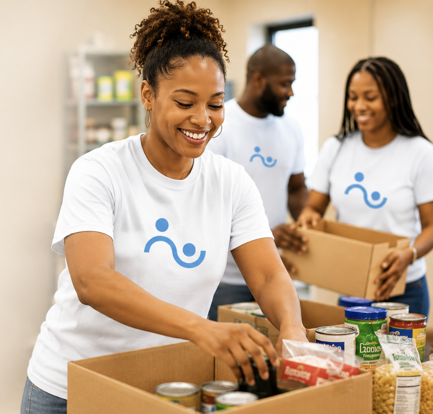 People volunteering at a food pantry