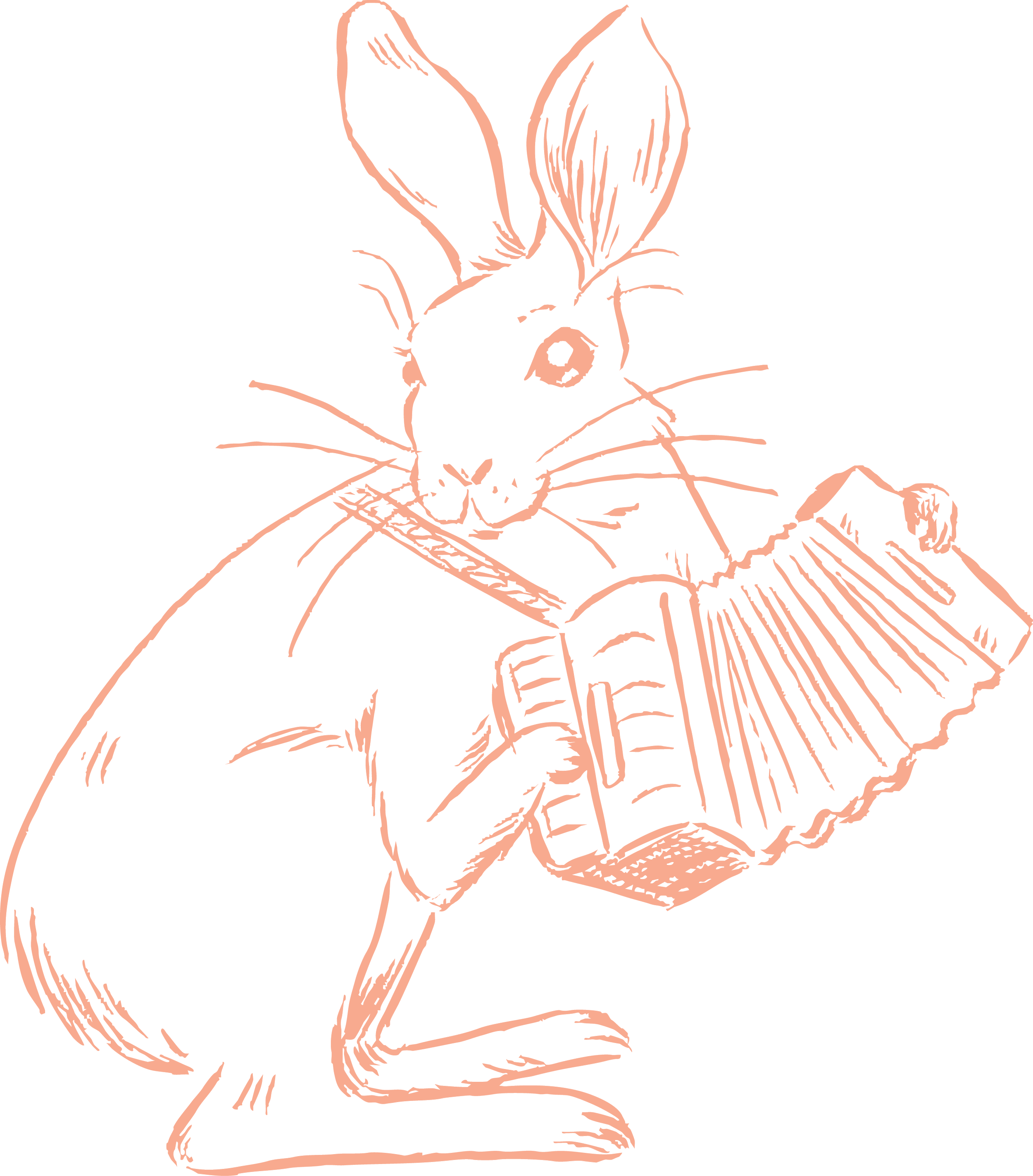 A line drawing of a rabbit holding an open book and using a pencil to write or draw.