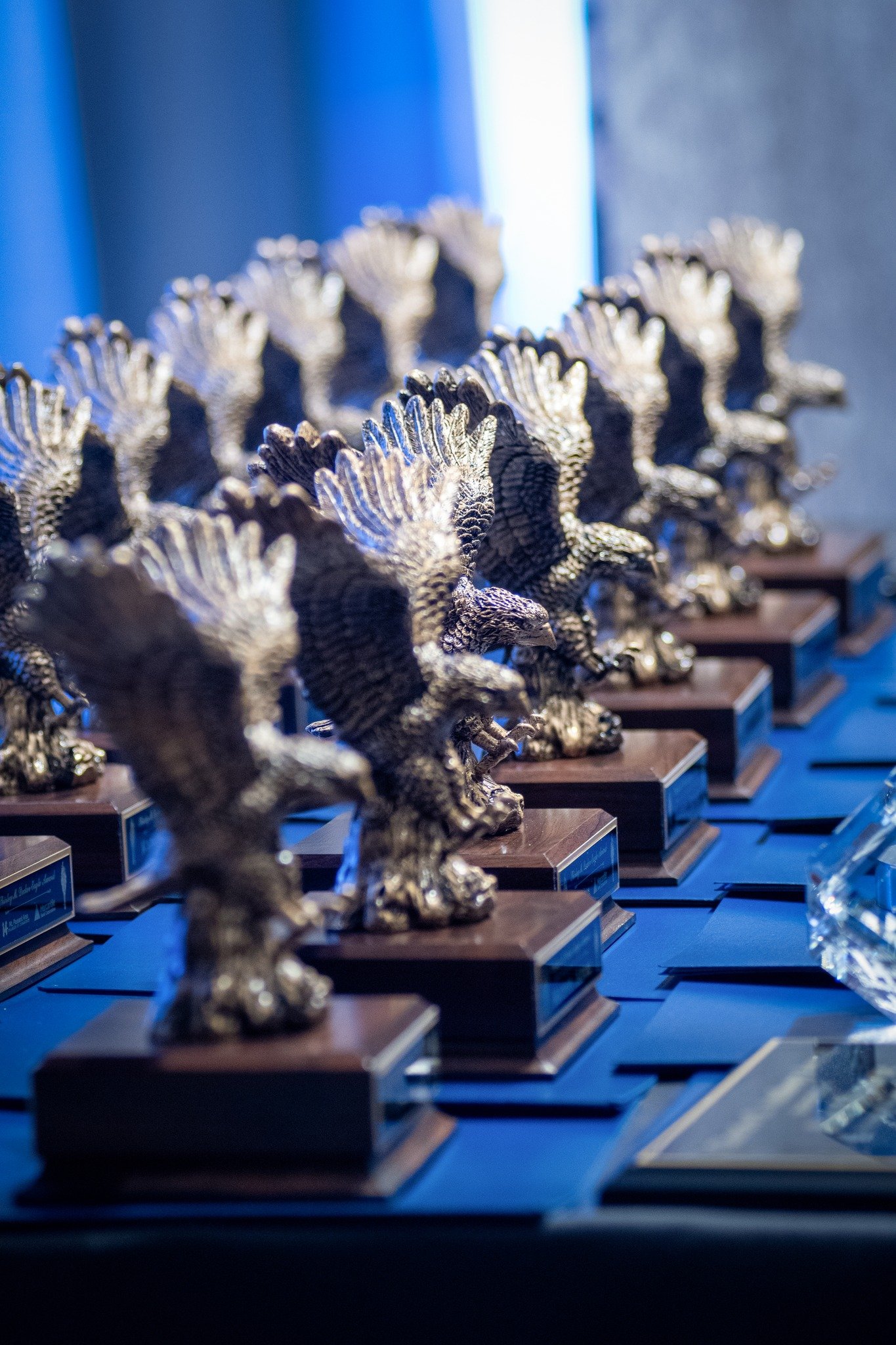 A row of metallic eagle trophies with outstretched wings, displayed on a table with a dark blue tablecloth, in a well-lit room.