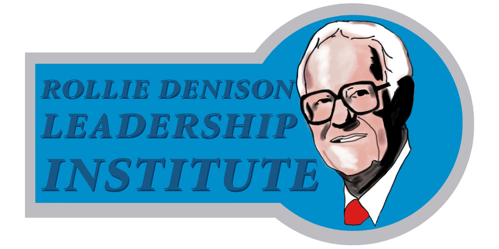 Illustrated logo of the Rollie Denison Leadership Institute featuring a portrait of an elderly man with glasses, white hair, red tie, and the name in blue text on a gray background and blue circle.