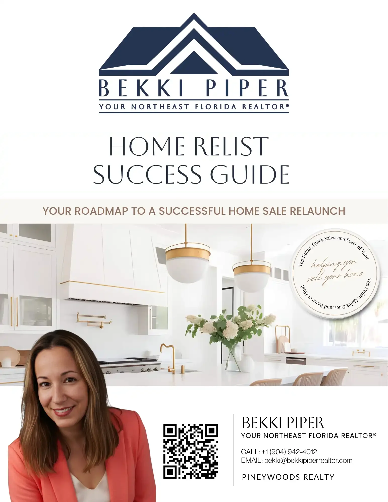 Business card for Bekki Piper, a Northeast Florida realtor. Features her photo, contact information, a QR code, and a logo of a house with their business slogan.