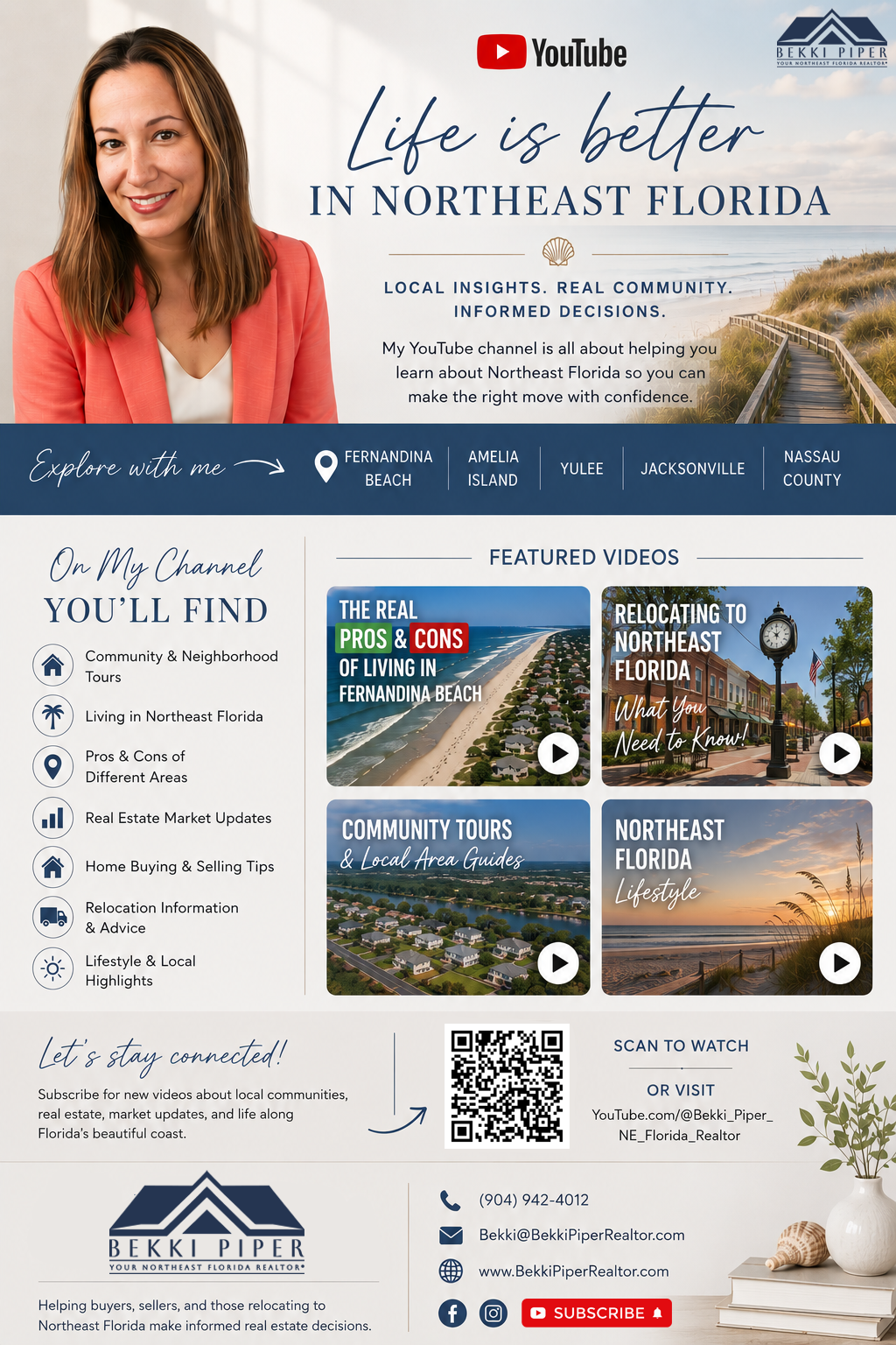 A promotional webpage for a Northeast Florida real estate YouTube channel featuring a woman with shoulder-length hair smiling, wearing a coral blazer and white top, with a coastal background and a wooden boardwalk leading to the beach. The page includes channel offerings, videos about Fernandina Beach, Amelia Island, Yulee, Jacksonville, Nassau County, and subscription information.