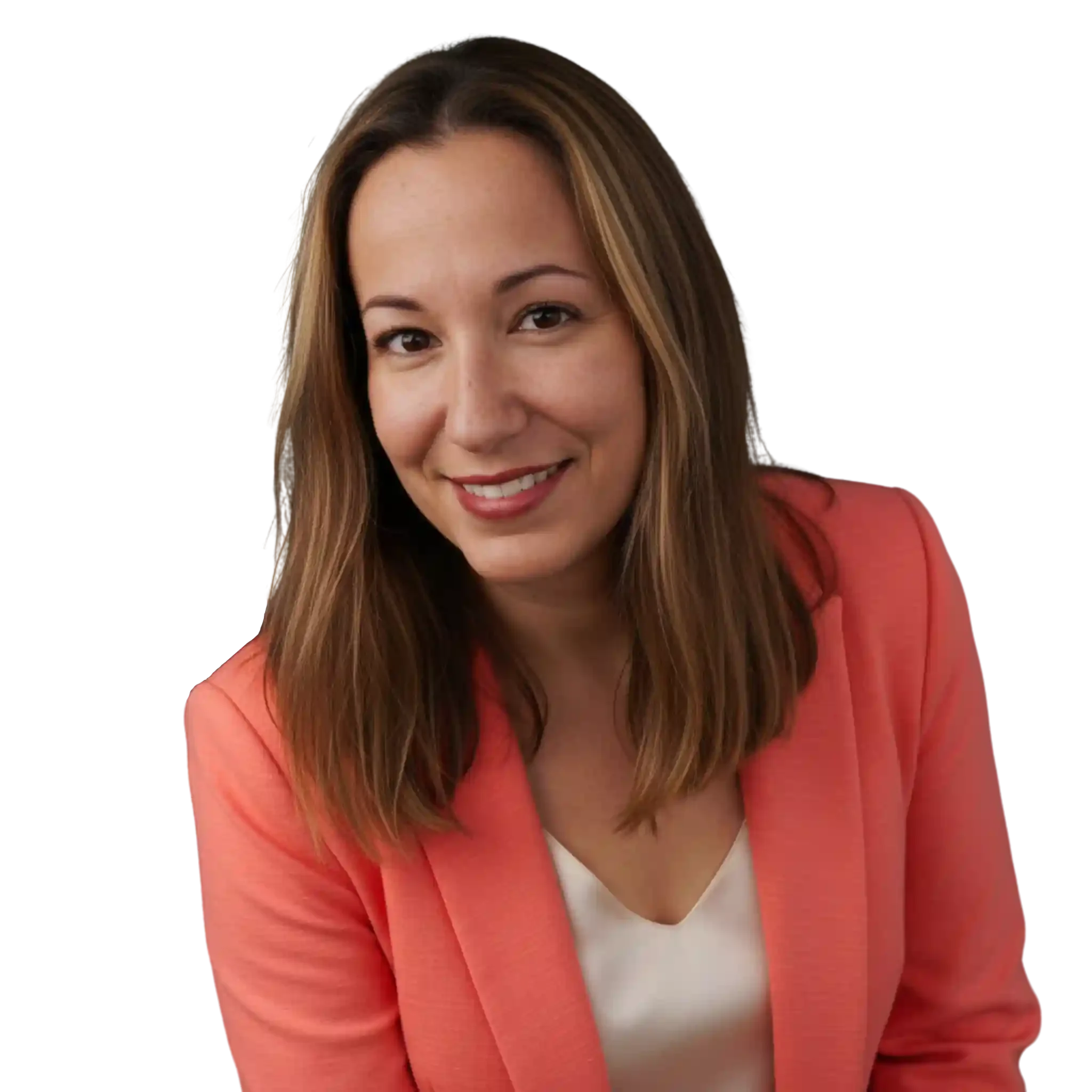 A woman with light brown hair smiling, wearing a coral blazer and a white top.