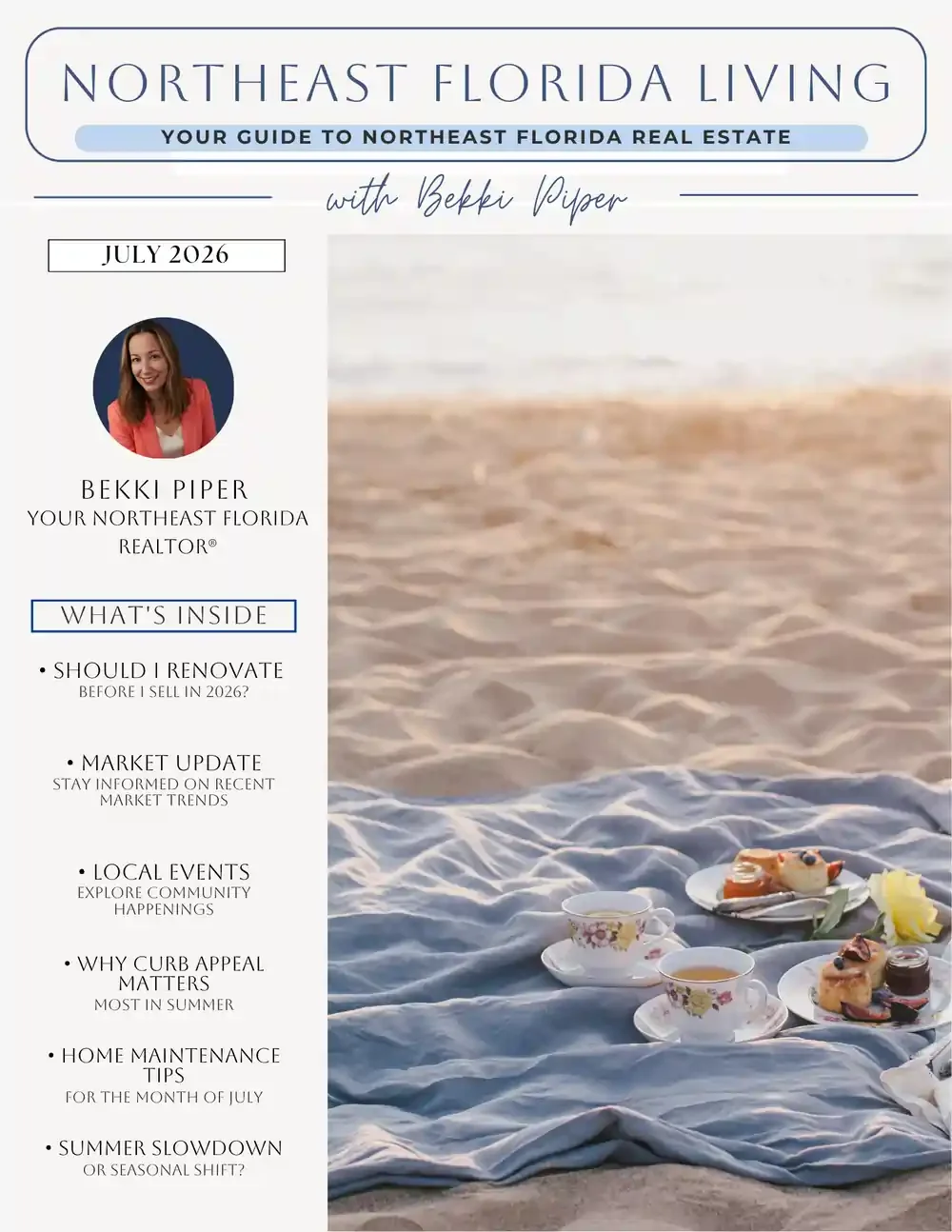 Beach scene with a picnic blanket, teacups, and desserts on the sand, with calm ocean in the background.
