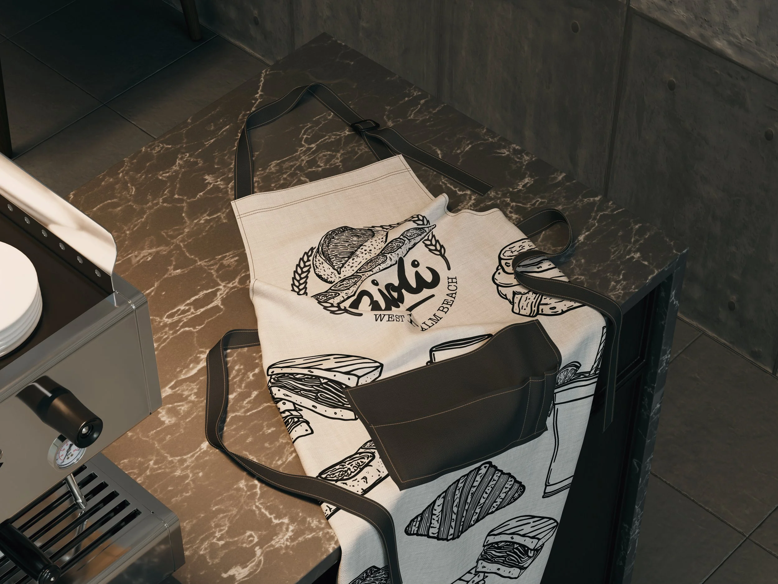 Aioli West Palm Beach branded apron featuring custom illustrated pattern of baked goods and drinks